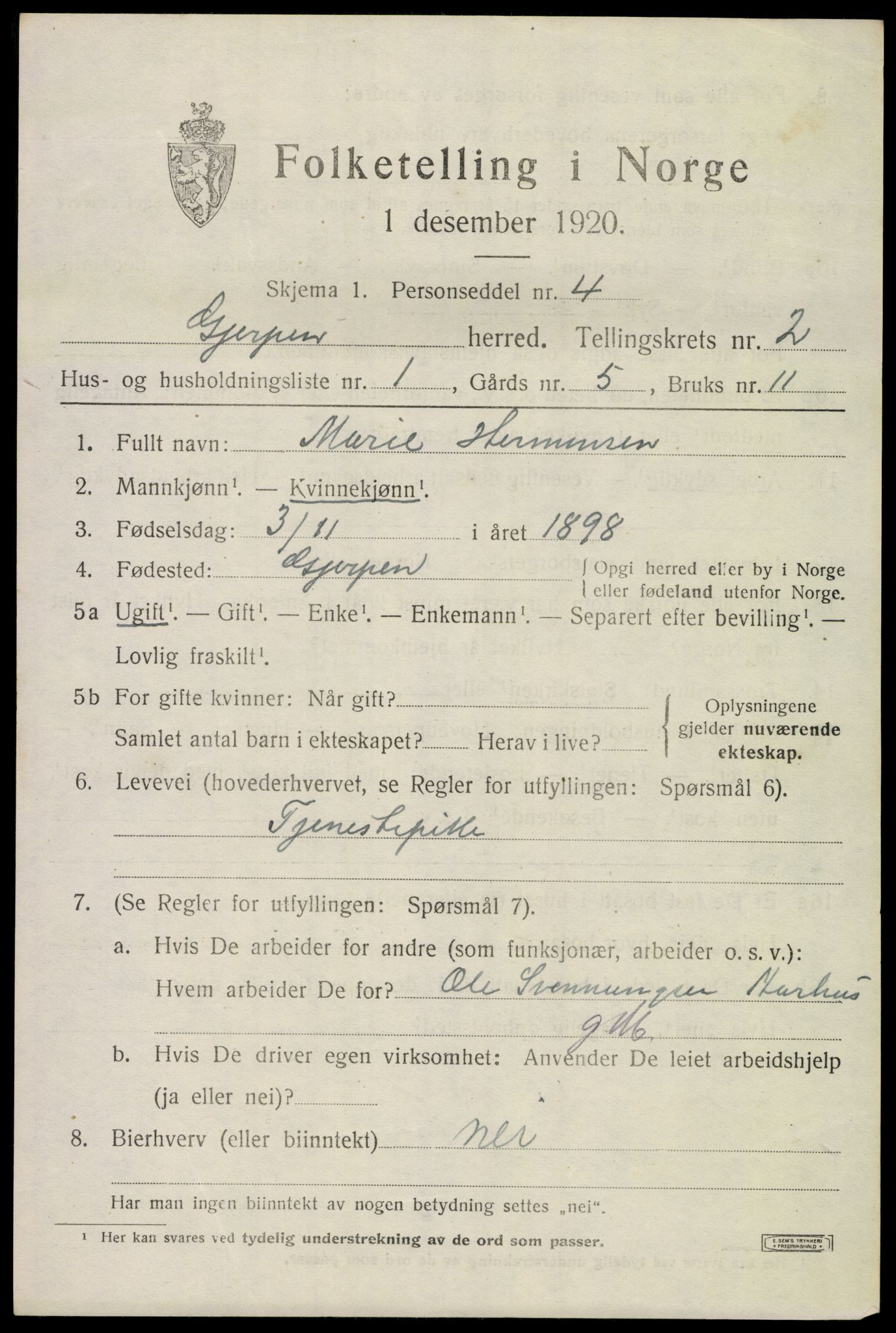 SAKO, 1920 census for Gjerpen, 1920, p. 4090