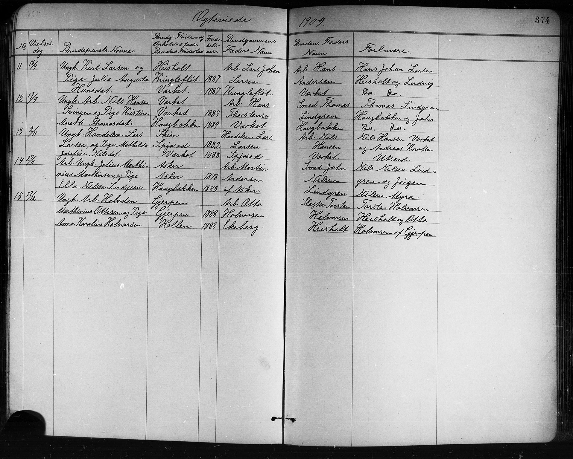 Holla kirkebøker, AV/SAKO-A-272/G/Ga/L0005: Parish register (copy) no. I 5, 1891-1917, p. 374