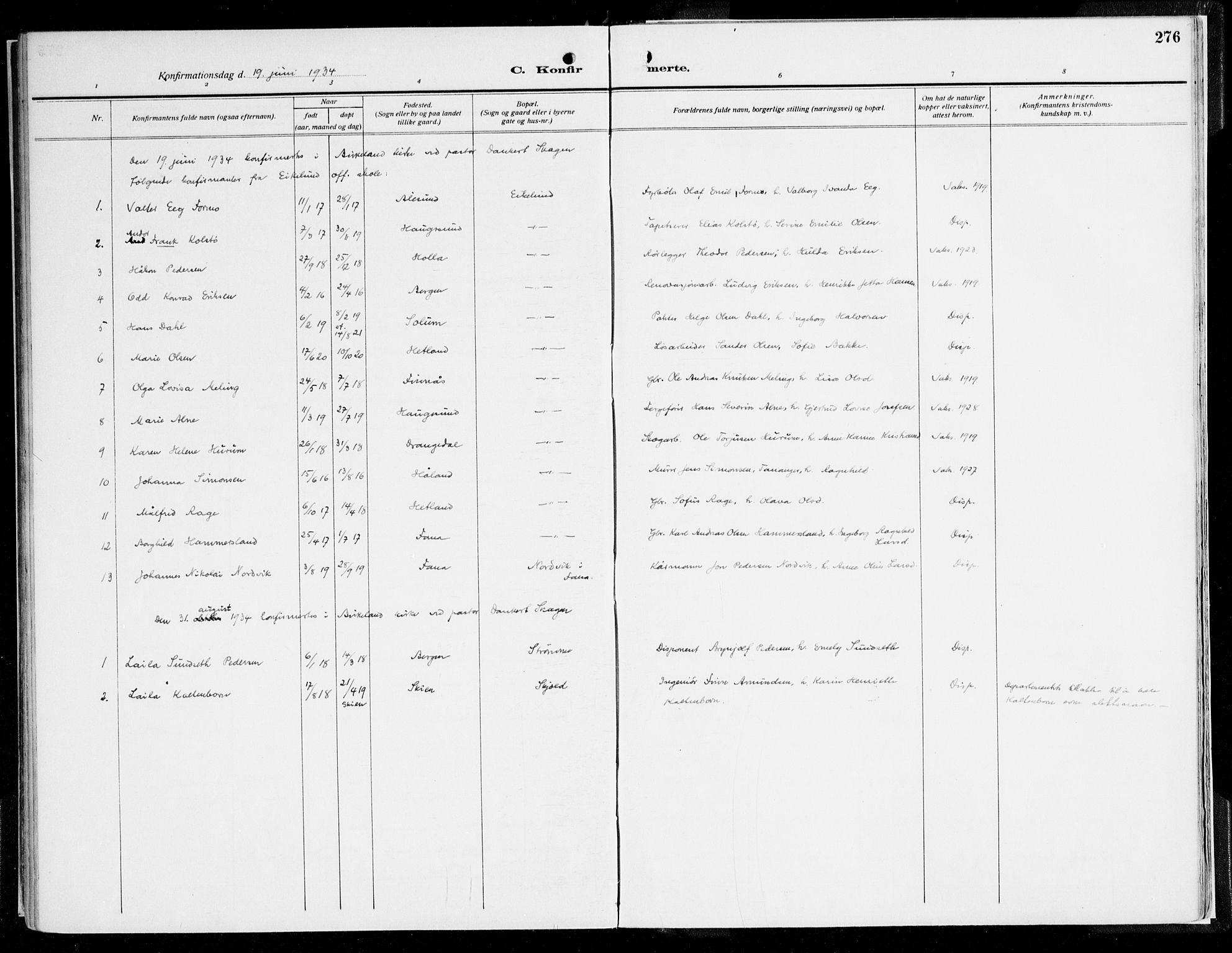 Fana Sokneprestembete, AV/SAB-A-75101/H/Haa/Haaj/L0001: Parish register (official) no. J 1, 1921-1935, p. 276