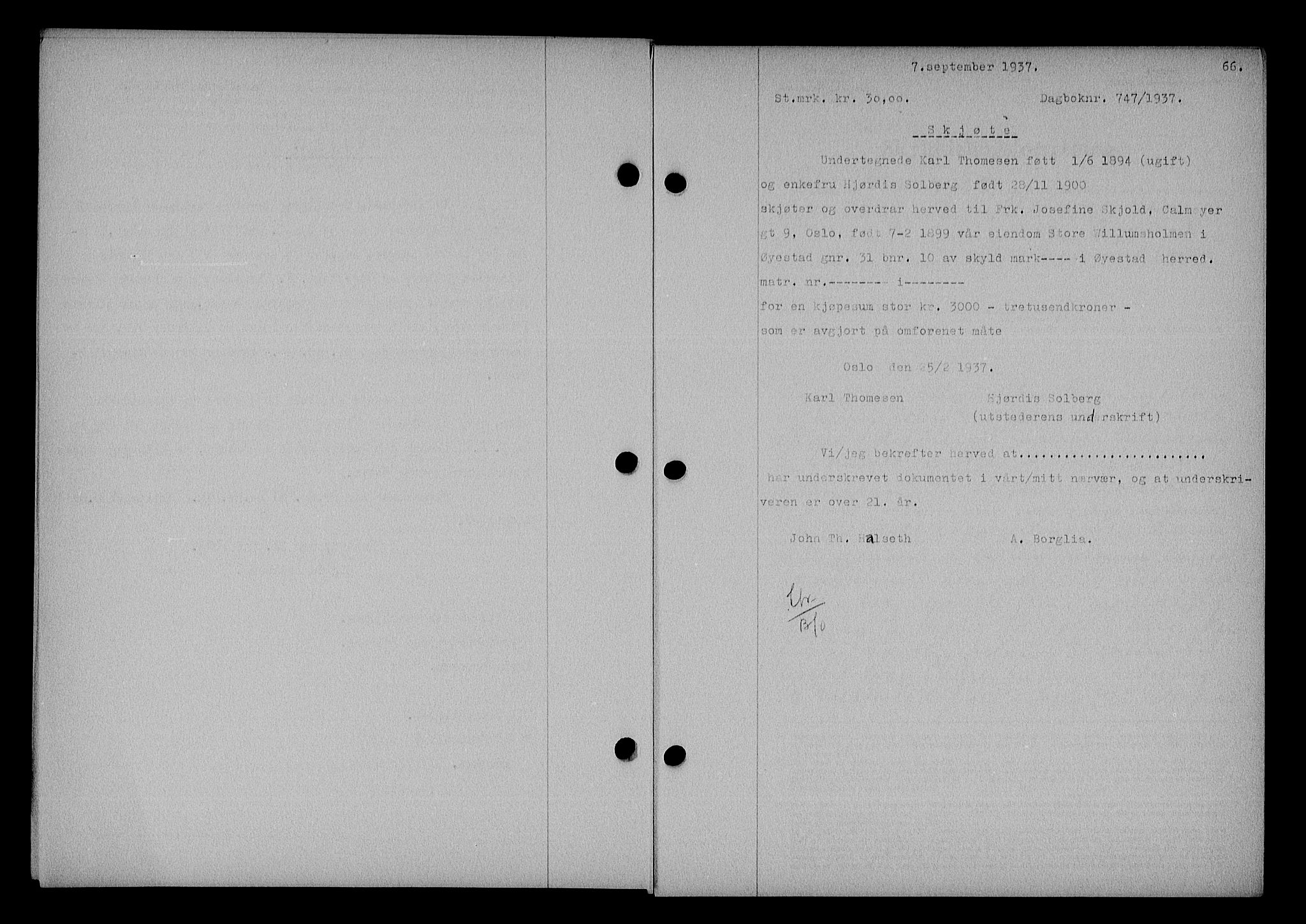 Nedenes sorenskriveri, SAK/1221-0006/G/Gb/Gba/L0044: Mortgage book no. 40, 1937-1938, Diary no: : 747/1937