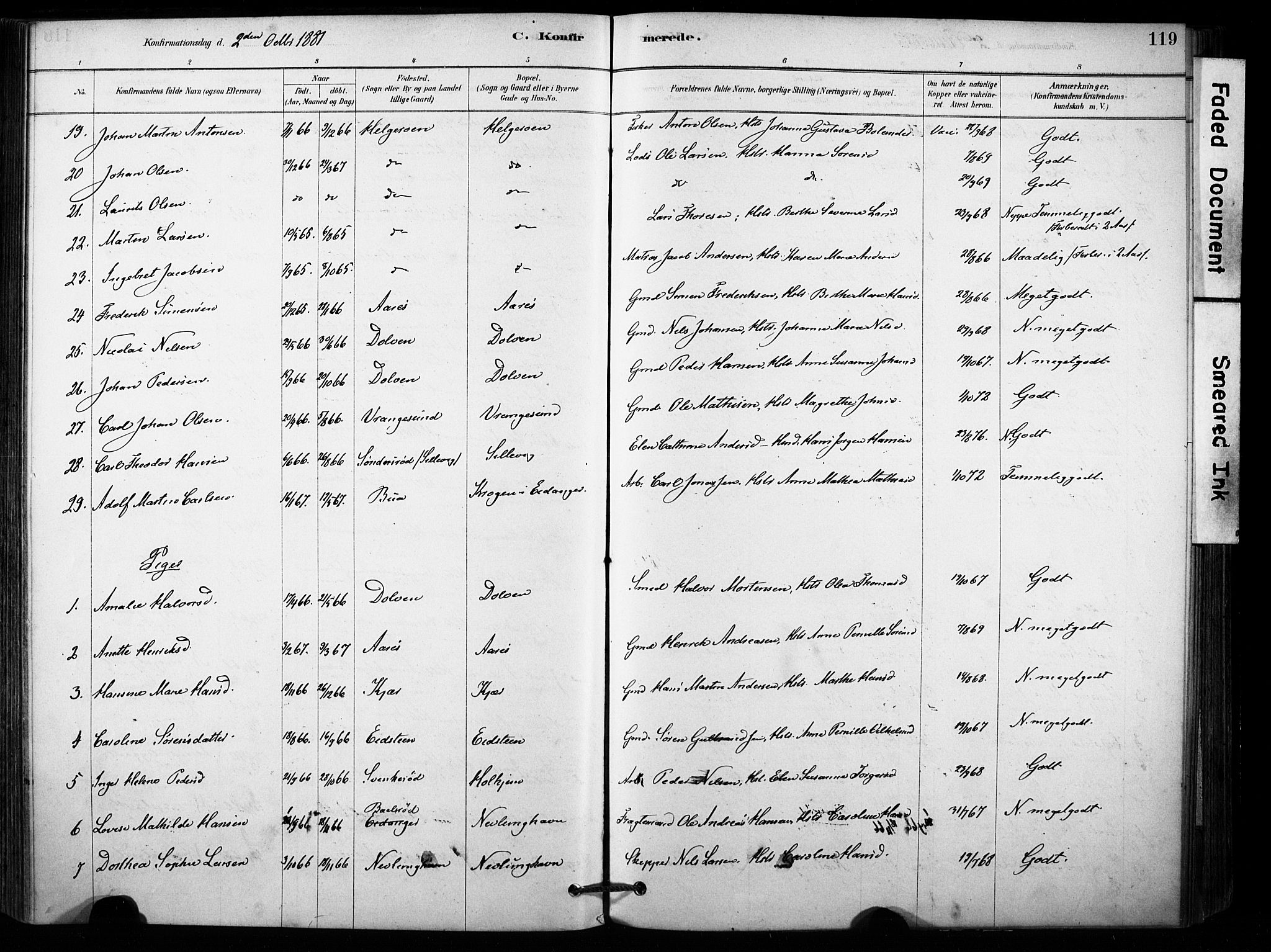 Brunlanes kirkebøker, SAKO/A-342/F/Fb/L0001: Parish register (official) no. II 1, 1878-1899, p. 119