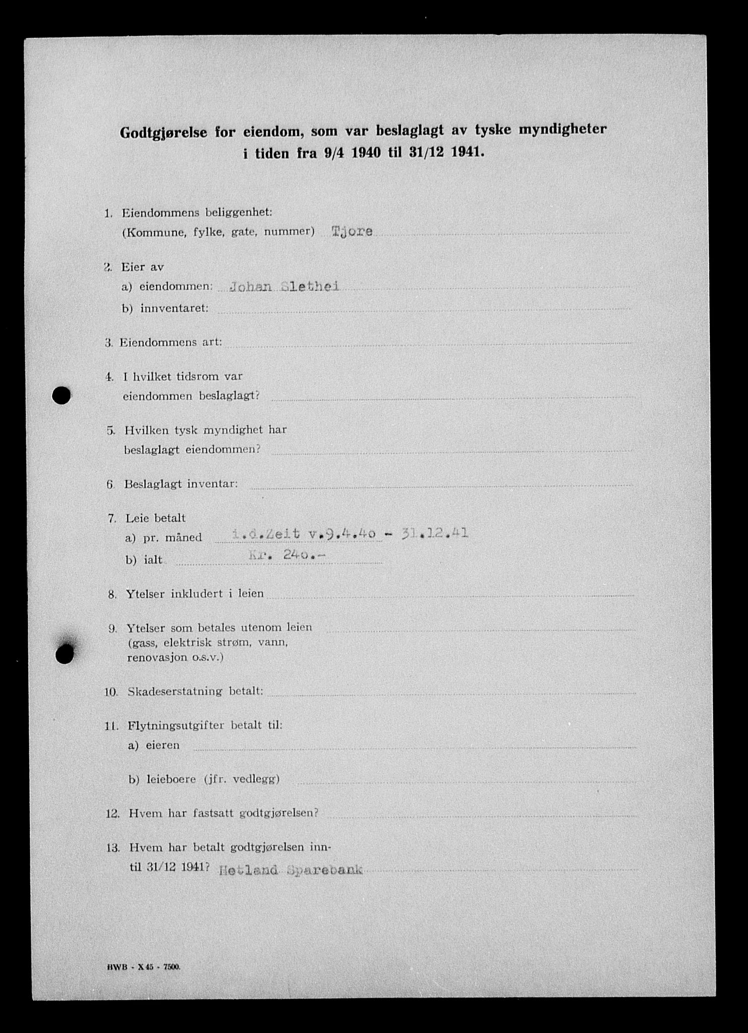Justisdepartementet, Tilbakeføringskontoret for inndratte formuer, AV/RA-S-1564/I/L1015: Godtgjørelse for beslaglagt eiendom, 1940-1941, p. 186