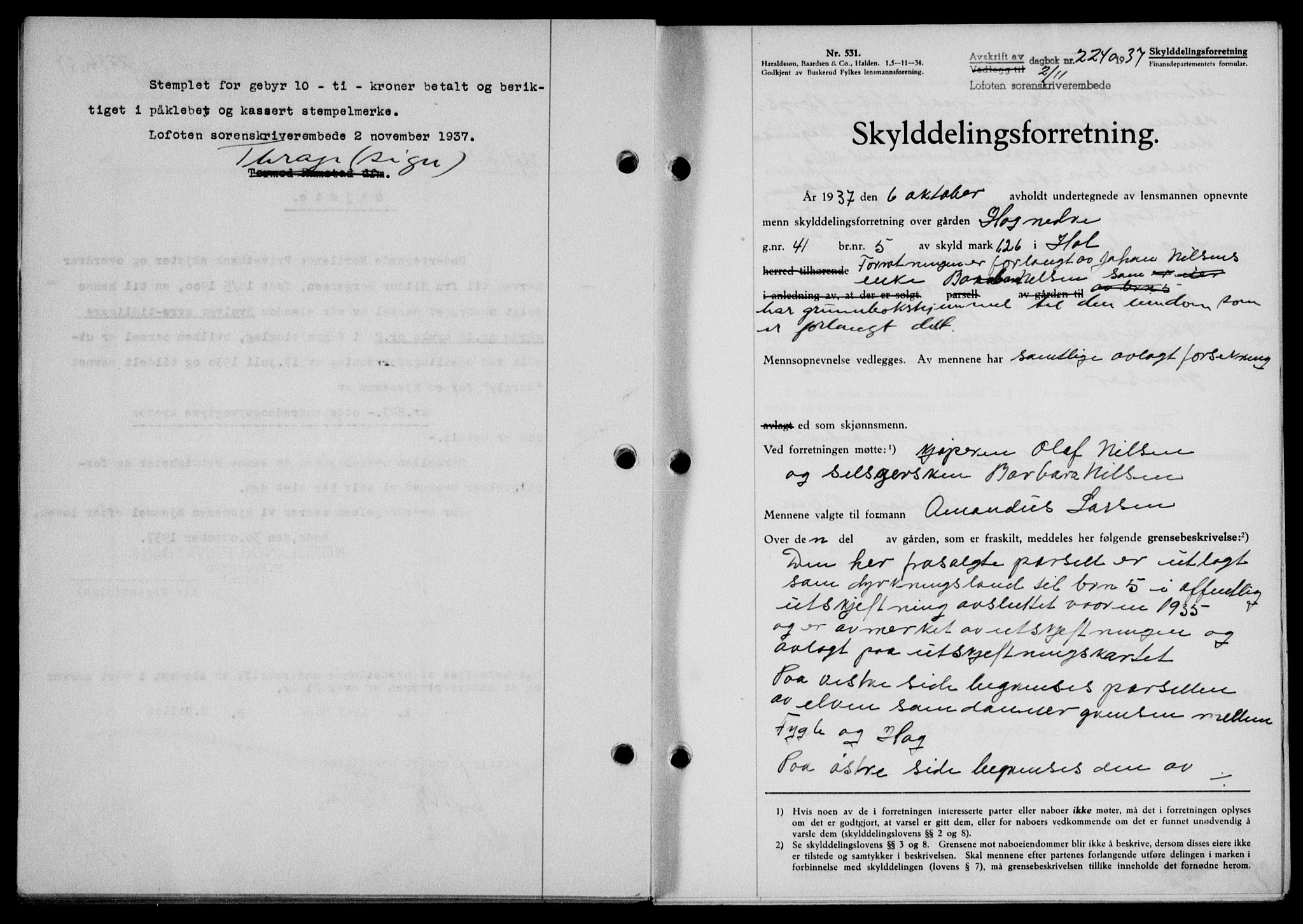 Lofoten sorenskriveri, SAT/A-0017/1/2/2C/L0003a: Mortgage book no. 3a, 1937-1938, Diary no: : 2240/1937