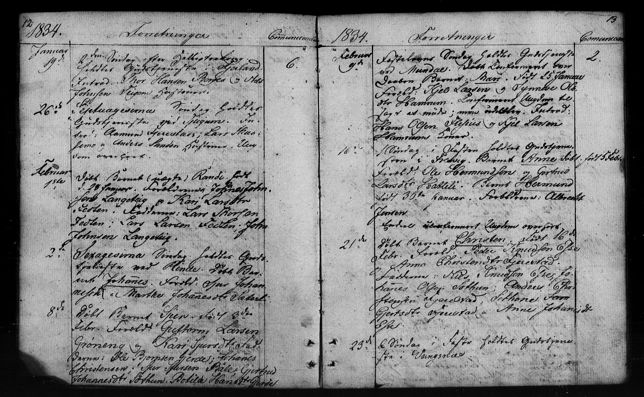 Leikanger sokneprestembete, AV/SAB-A-81001: Curate's parish register no. A 1A, 1833-1838, p. 12-13