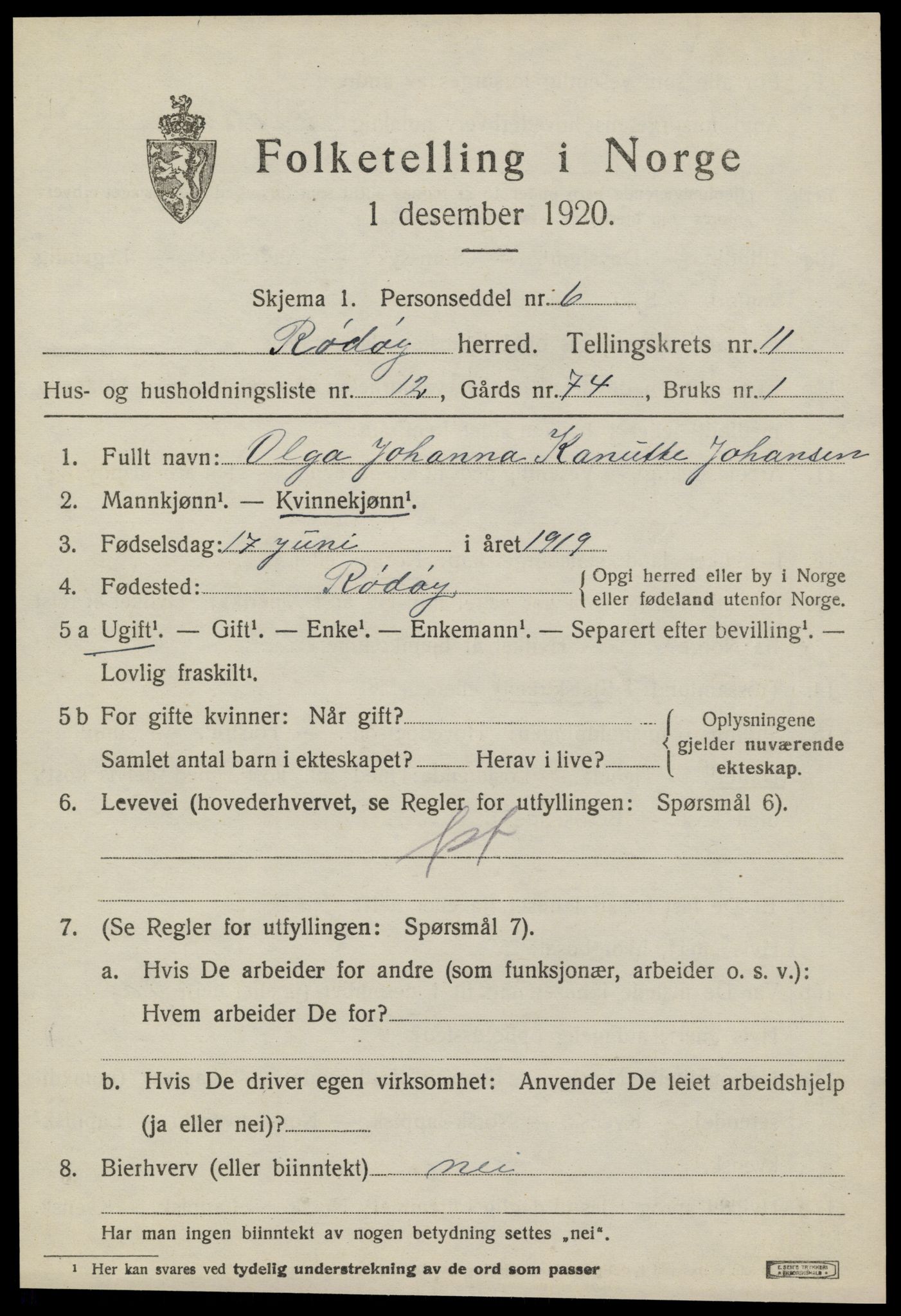 SAT, 1920 census for Rødøy, 1920, p. 6006