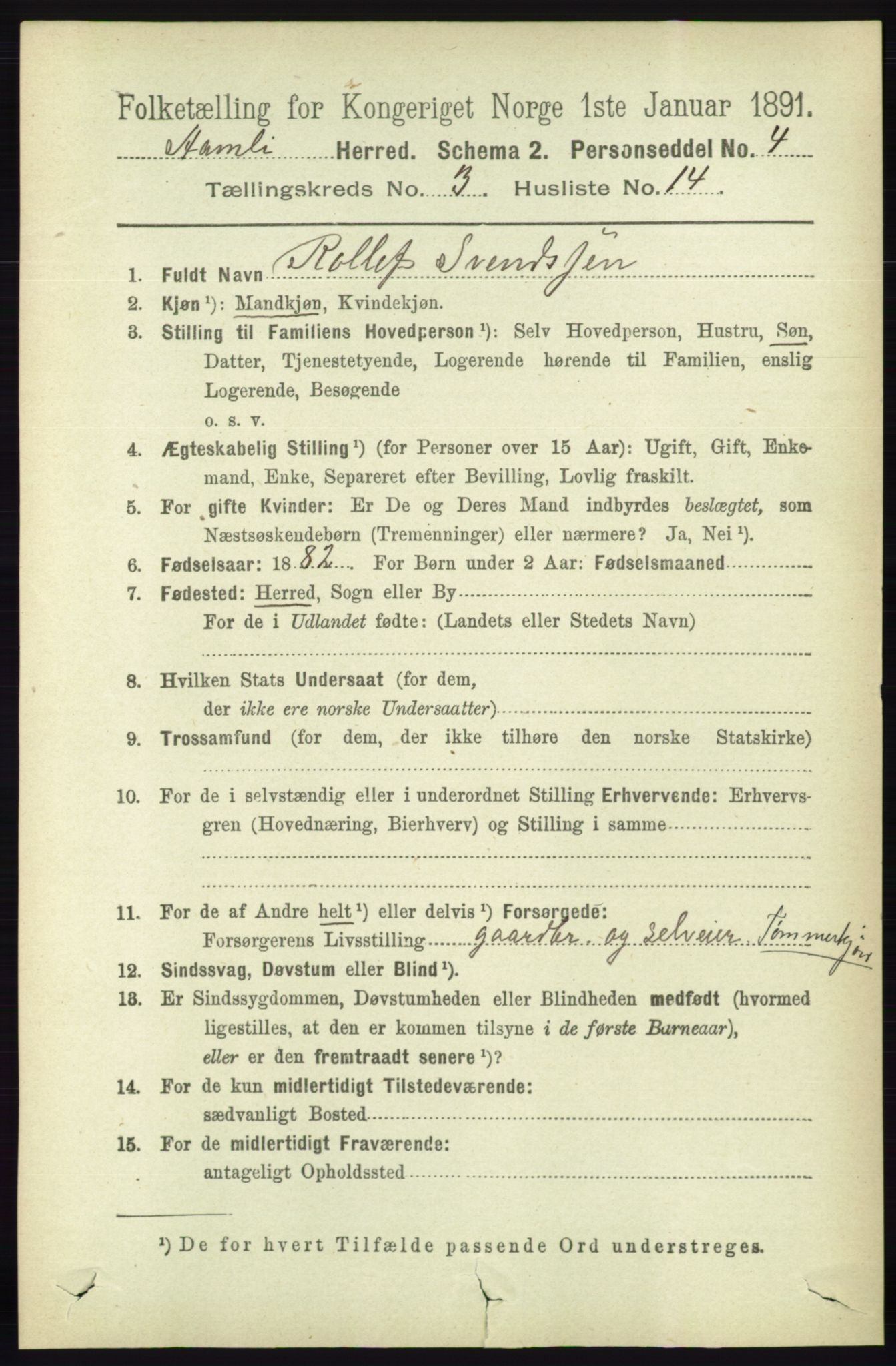 RA, 1891 census for 0929 Åmli, 1891, p. 402