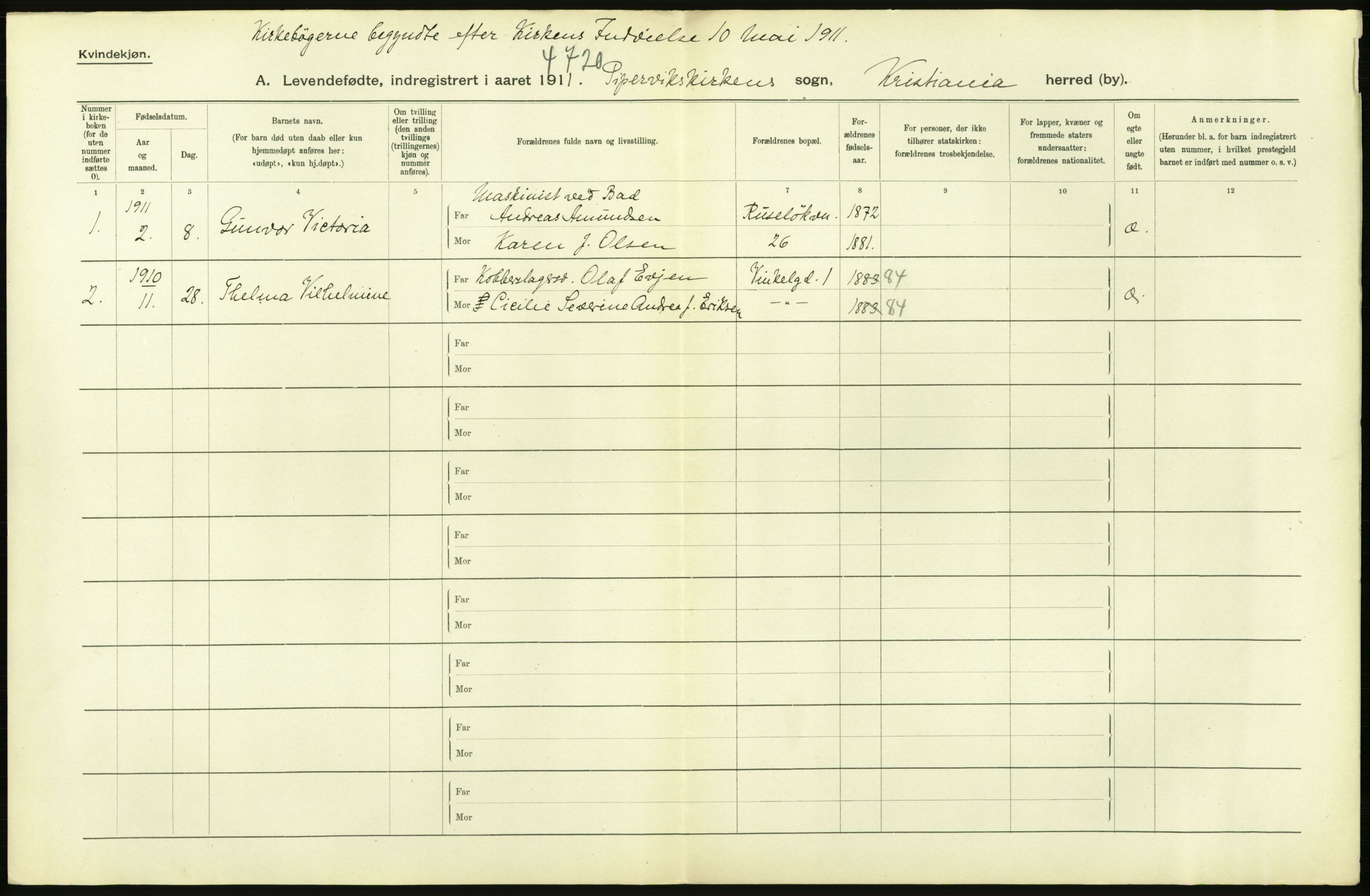 Statistisk sentralbyrå, Sosiodemografiske emner, Befolkning, AV/RA-S-2228/D/Df/Dfb/Dfba/L0007: Kristiania: Levendefødte kvinner., 1911, p. 12