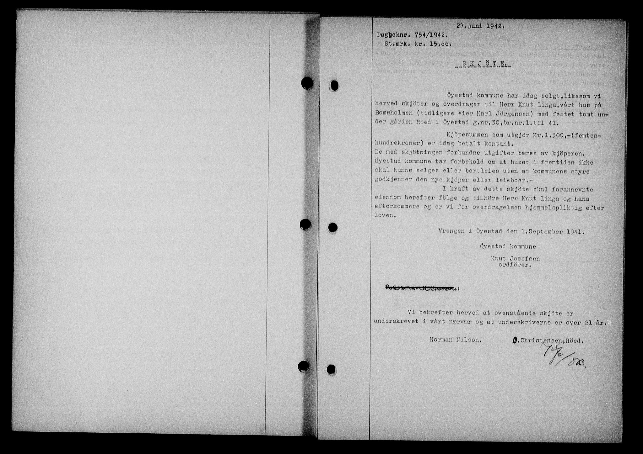 Nedenes sorenskriveri, SAK/1221-0006/G/Gb/Gba/L0049: Mortgage book no. A-III, 1941-1942, Diary no: : 754/1942