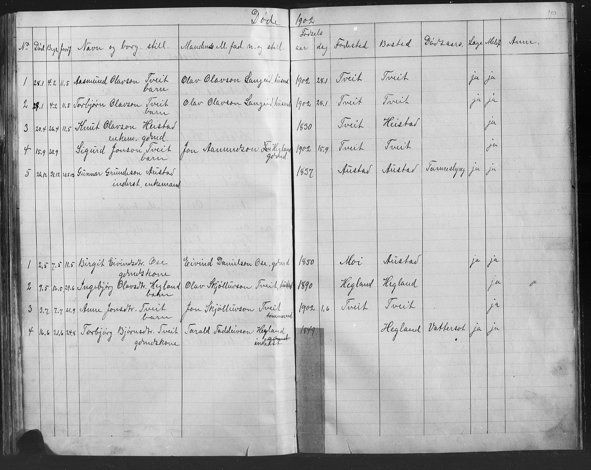 Bygland sokneprestkontor, AV/SAK-1111-0006/F/Fb/Fba/L0002: Parish register (copy) no. B 2, 1886-1919, p. 119