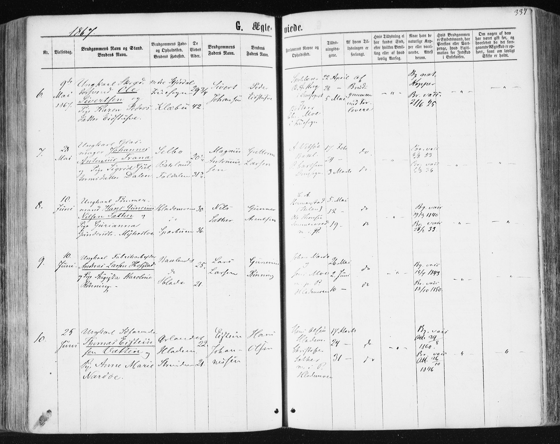 Ministerialprotokoller, klokkerbøker og fødselsregistre - Sør-Trøndelag, SAT/A-1456/604/L0186: Parish register (official) no. 604A07, 1866-1877, p. 337