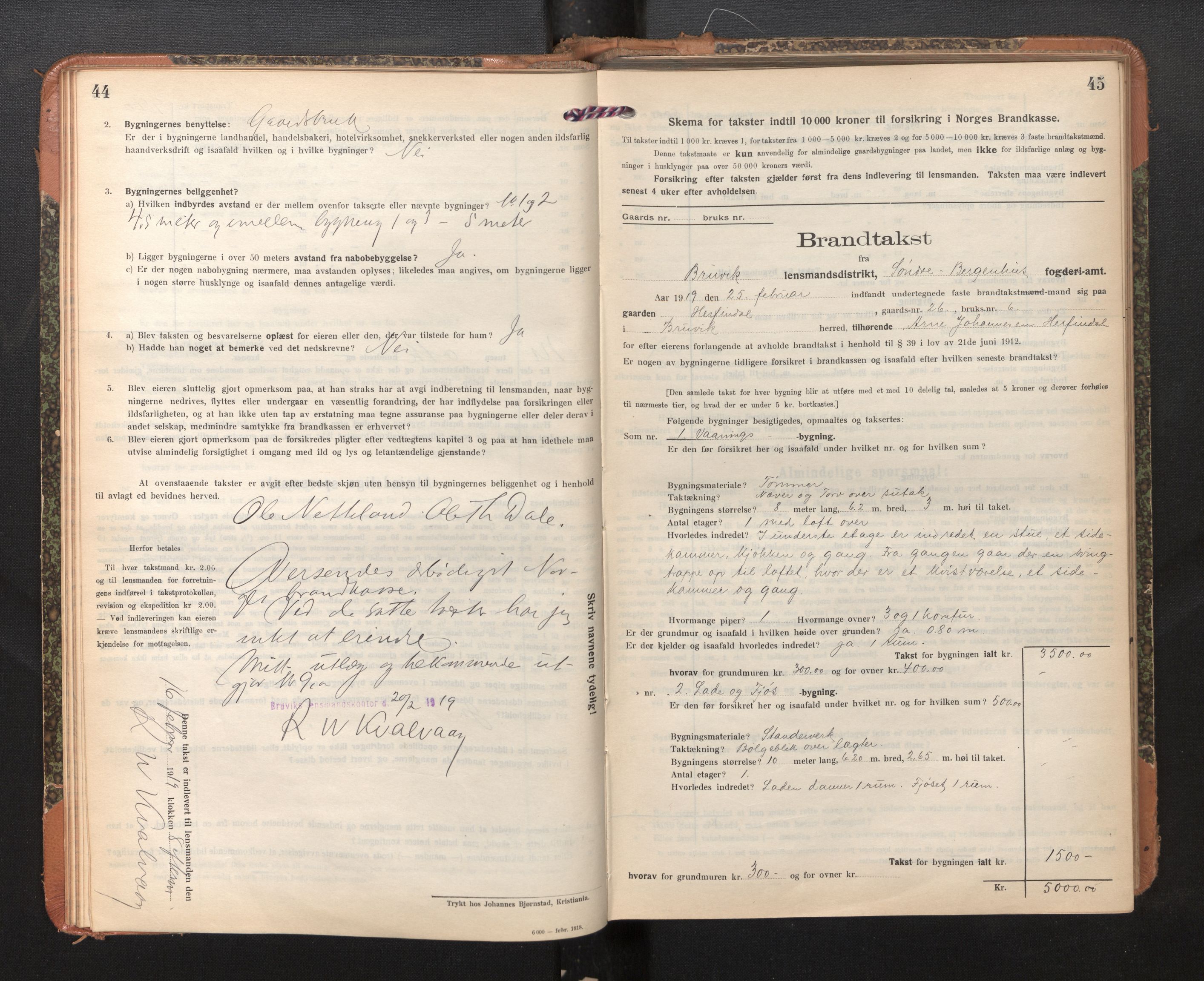 Lensmannen i Bruvik, AV/SAB-A-31301/0012/L0009: Branntakstprotokoll, skjematakst, 1918-1925, p. 44-45