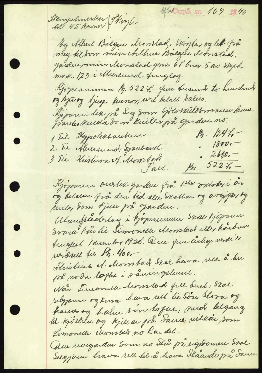 Nordhordland sorenskrivar, SAB/A-2901/1/G/Gb/Gbf/L0010: Mortgage book no. A10, 1939-1940, Diary no: : 109/1940