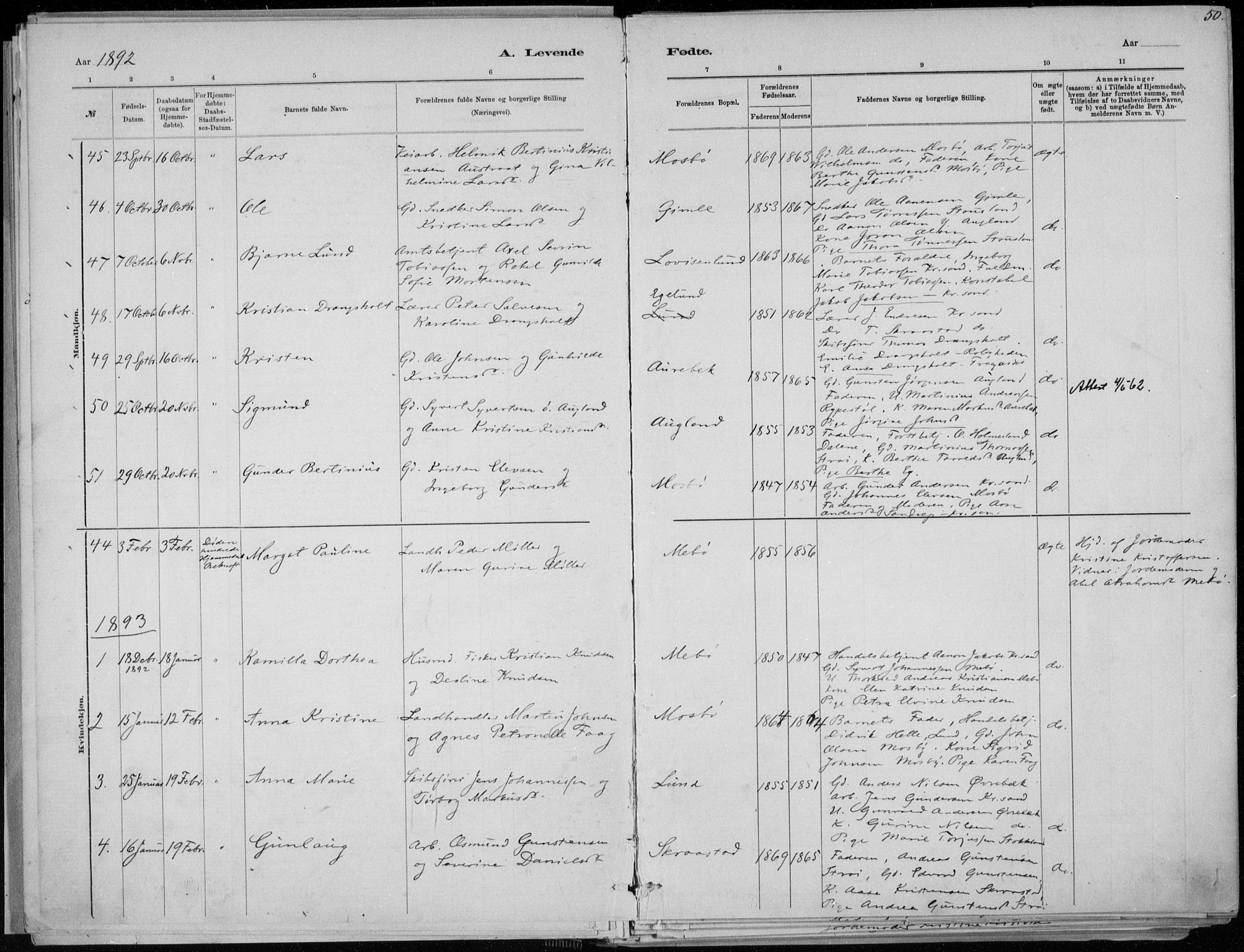 Oddernes sokneprestkontor, SAK/1111-0033/F/Fa/Faa/L0009: Parish register (official) no. A 9, 1884-1896, p. 50