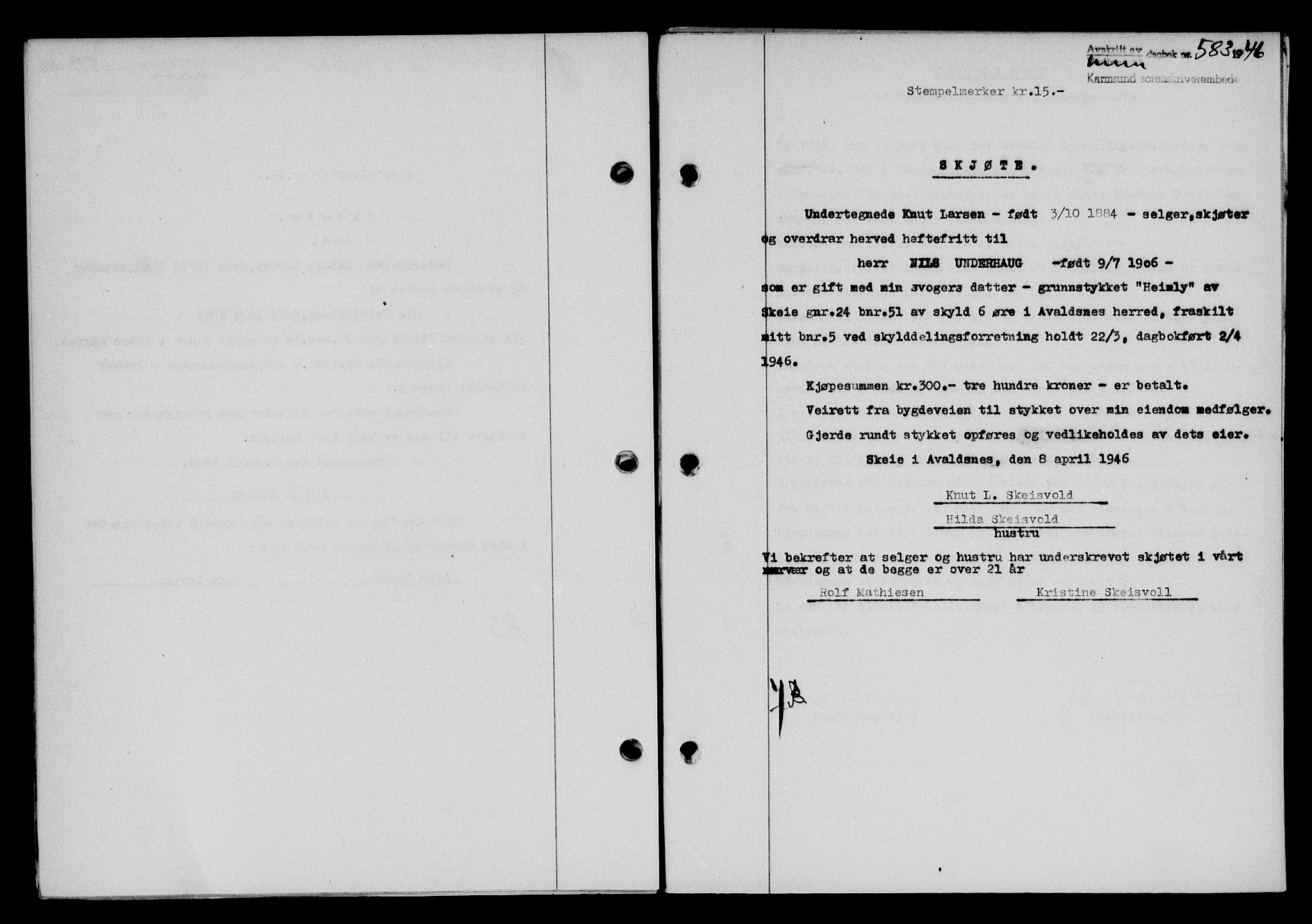 Karmsund sorenskriveri, AV/SAST-A-100311/01/II/IIB/L0085: Mortgage book no. 66A, 1946-1946, Diary no: : 583/1946