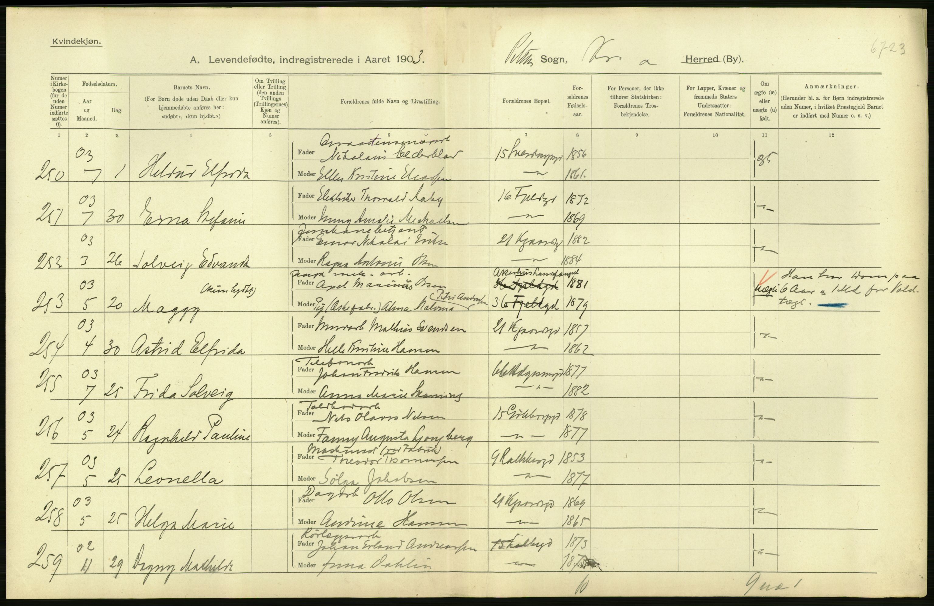 Statistisk sentralbyrå, Sosiodemografiske emner, Befolkning, AV/RA-S-2228/D/Df/Dfa/Dfaa/L0003: Kristiania: Fødte, 1903, p. 34