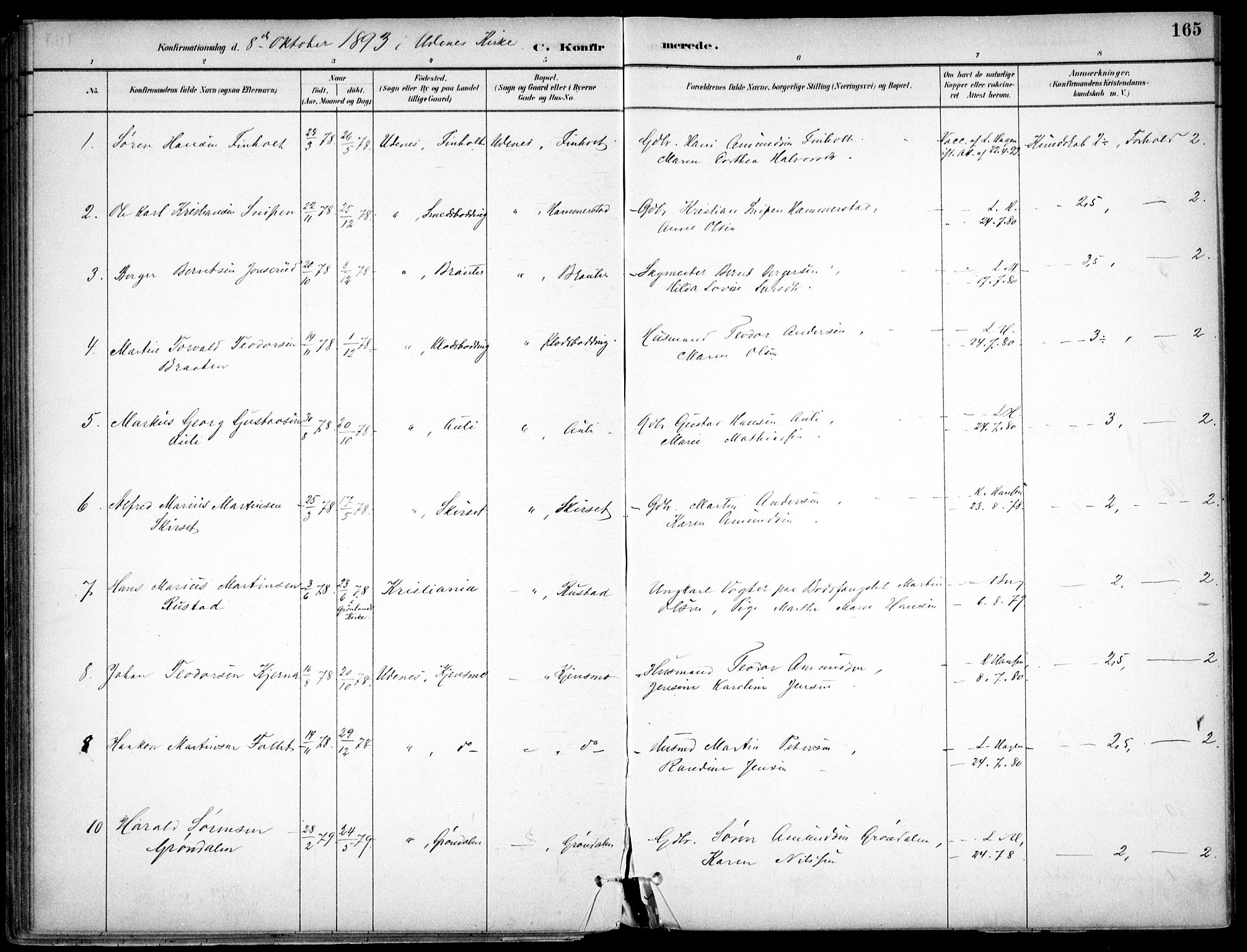 Nes prestekontor Kirkebøker, AV/SAO-A-10410/F/Fc/L0002: Parish register (official) no. IIi 2, 1882-1916, p. 165