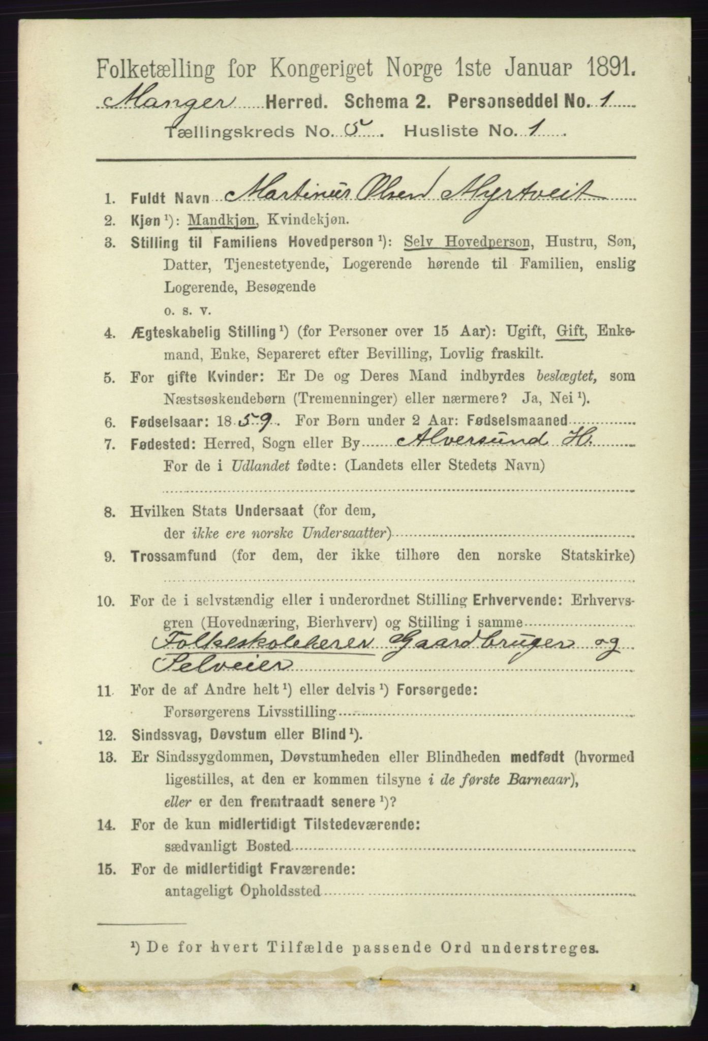 RA, 1891 census for 1261 Manger, 1891, p. 2648