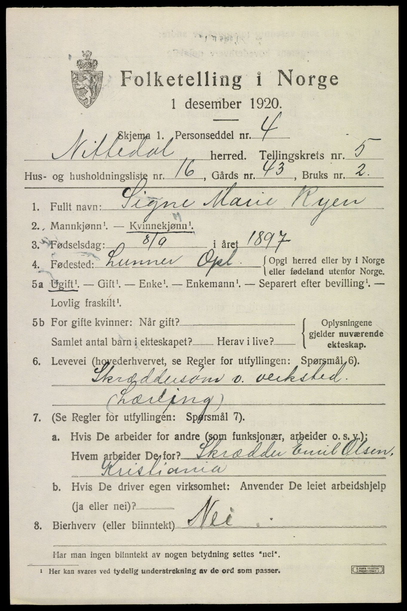 SAO, 1920 census for Nittedal, 1920, p. 6642