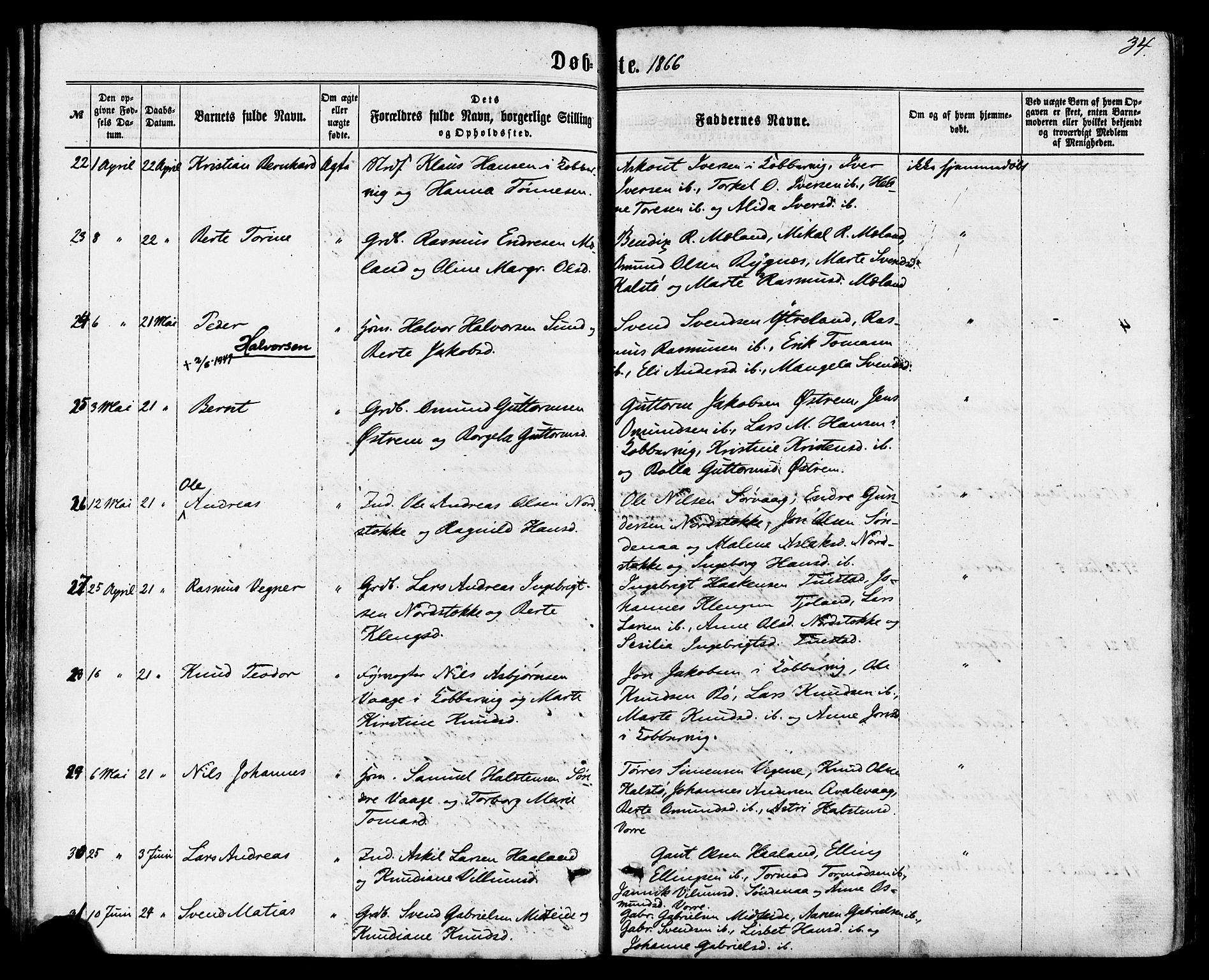 Avaldsnes sokneprestkontor, AV/SAST-A -101851/H/Ha/Haa/L0011: Parish register (official) no. A 11, 1861-1880, p. 34