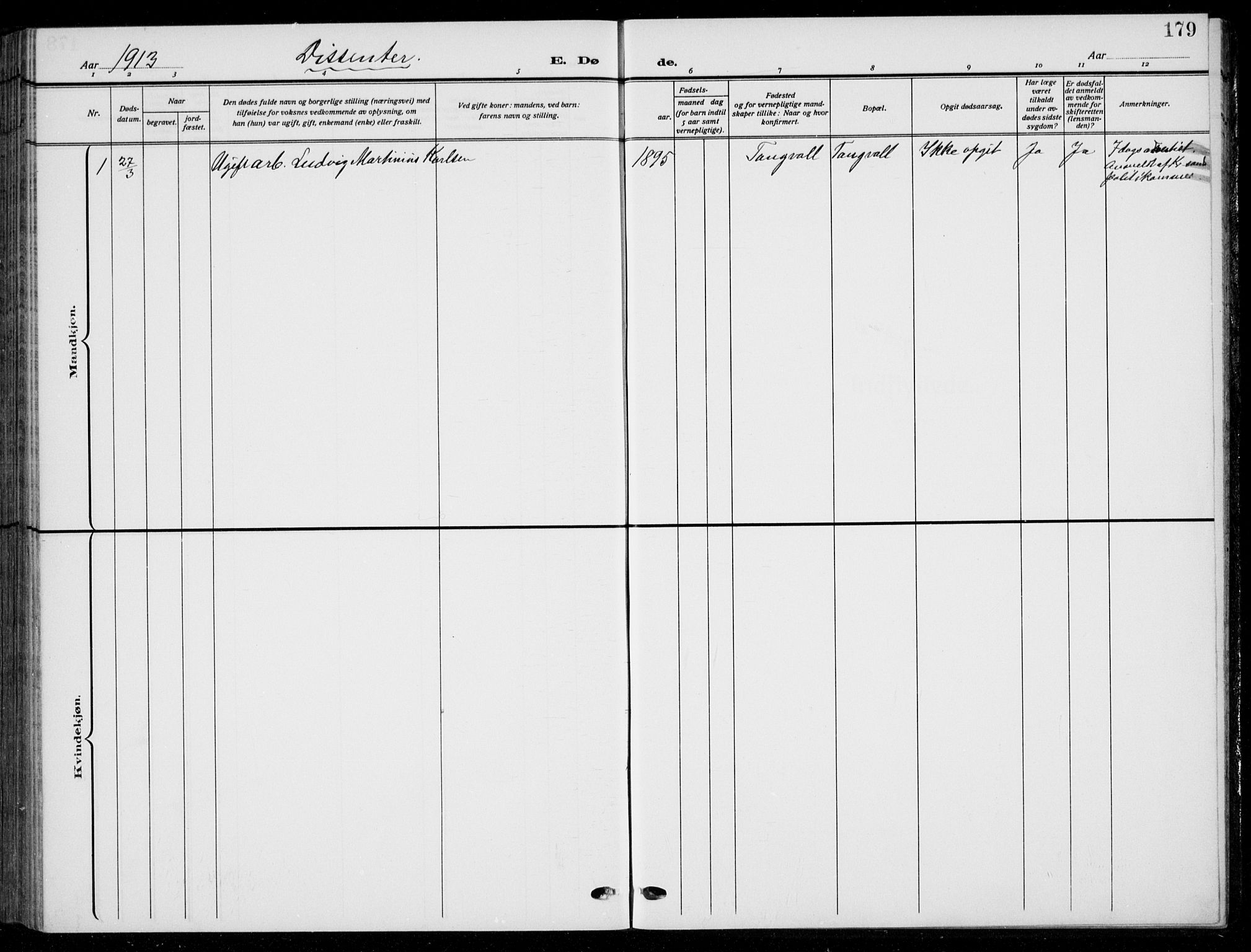 Søgne sokneprestkontor, SAK/1111-0037/F/Fb/Fbb/L0007: Parish register (copy) no. B 7, 1912-1931, p. 179