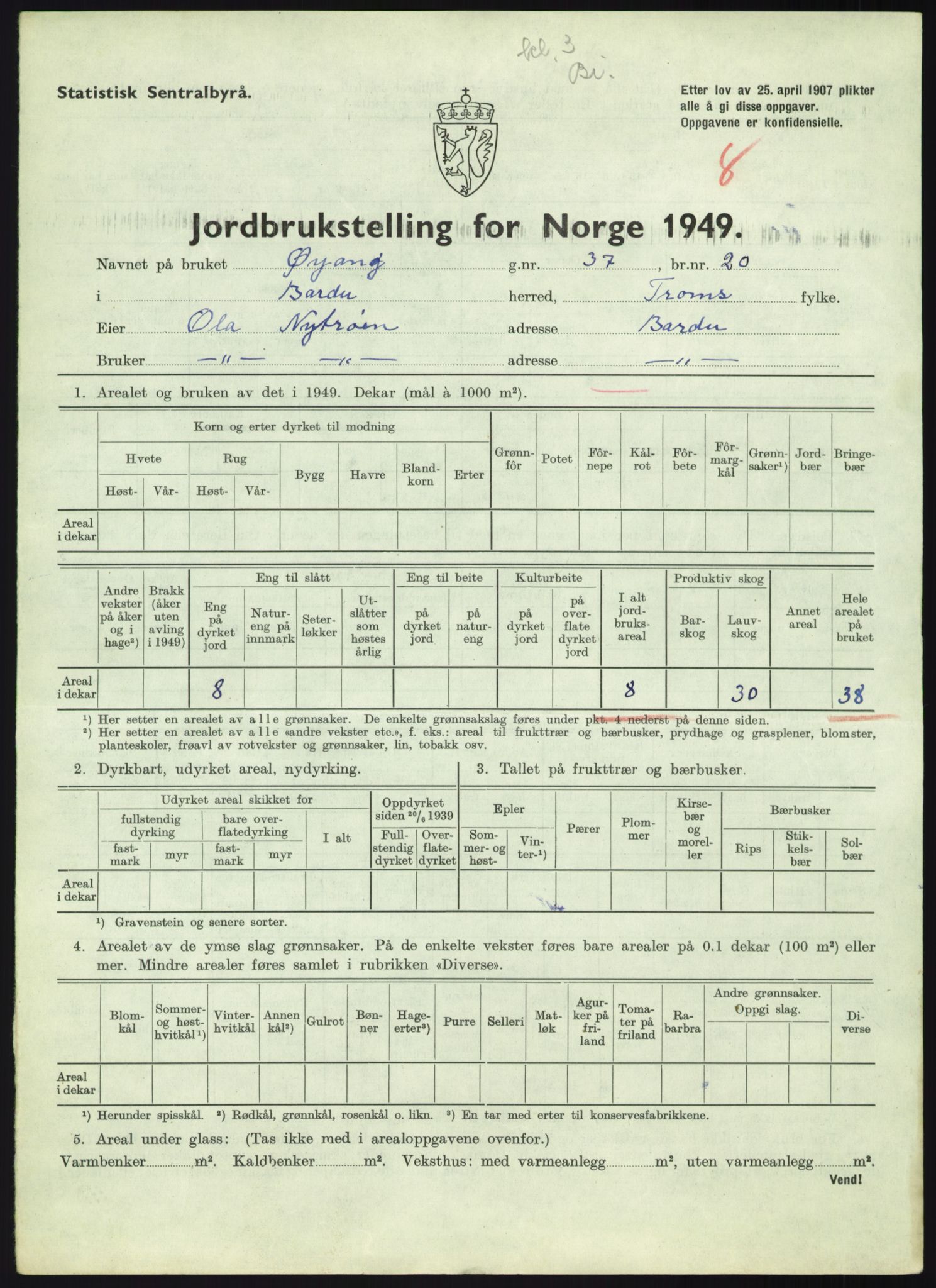 Statistisk sentralbyrå, Næringsøkonomiske emner, Jordbruk, skogbruk, jakt, fiske og fangst, AV/RA-S-2234/G/Gc/L0438: Troms: Salangen og Bardu, 1949, p. 945