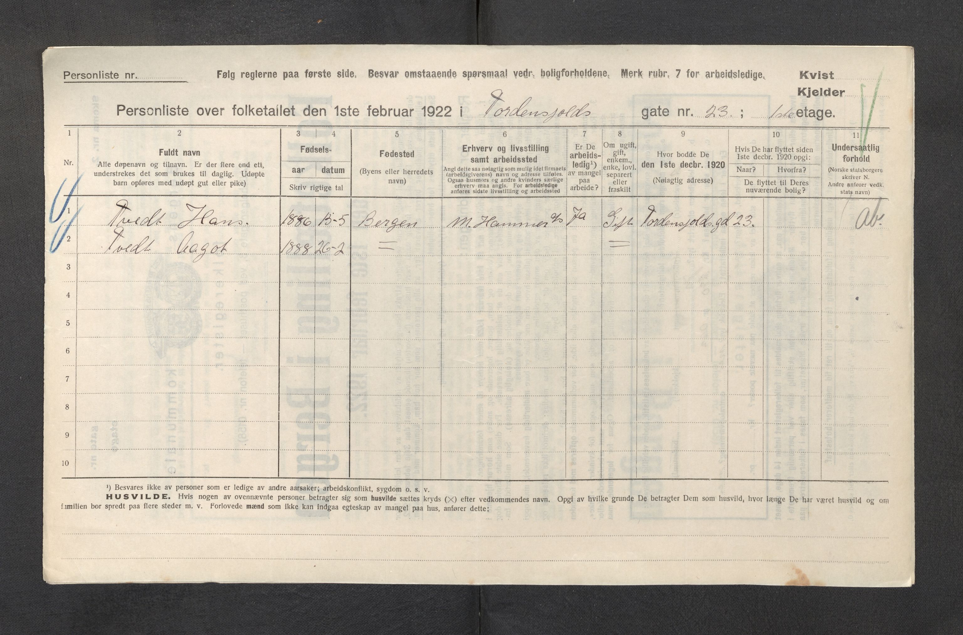 SAB, Municipal Census 1922 for Bergen, 1922, p. 44408