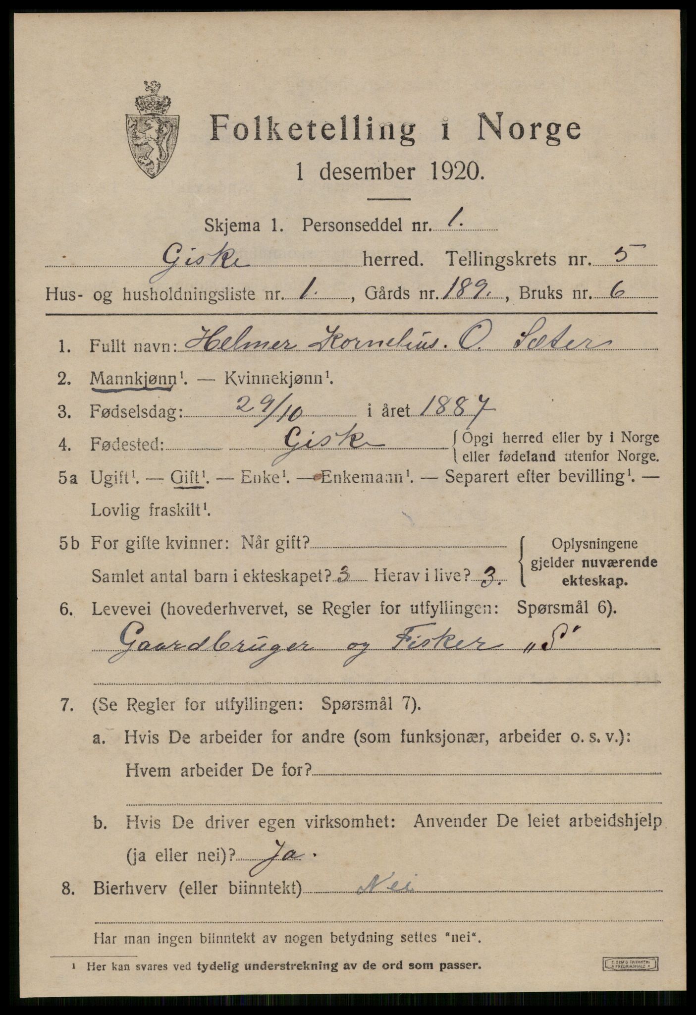 SAT, 1920 census for Giske, 1920, p. 3628