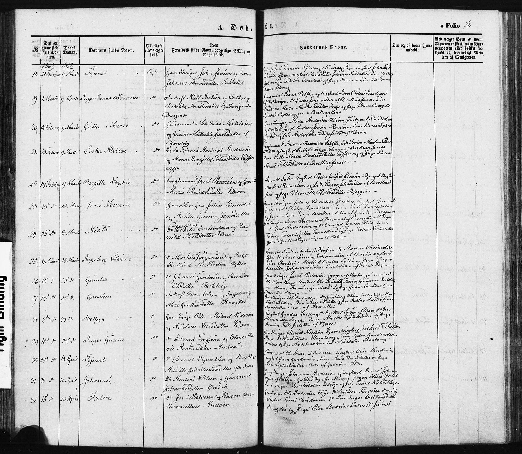 Oddernes sokneprestkontor, AV/SAK-1111-0033/F/Fa/Faa/L0007: Parish register (official) no. A 7, 1851-1863, p. 78
