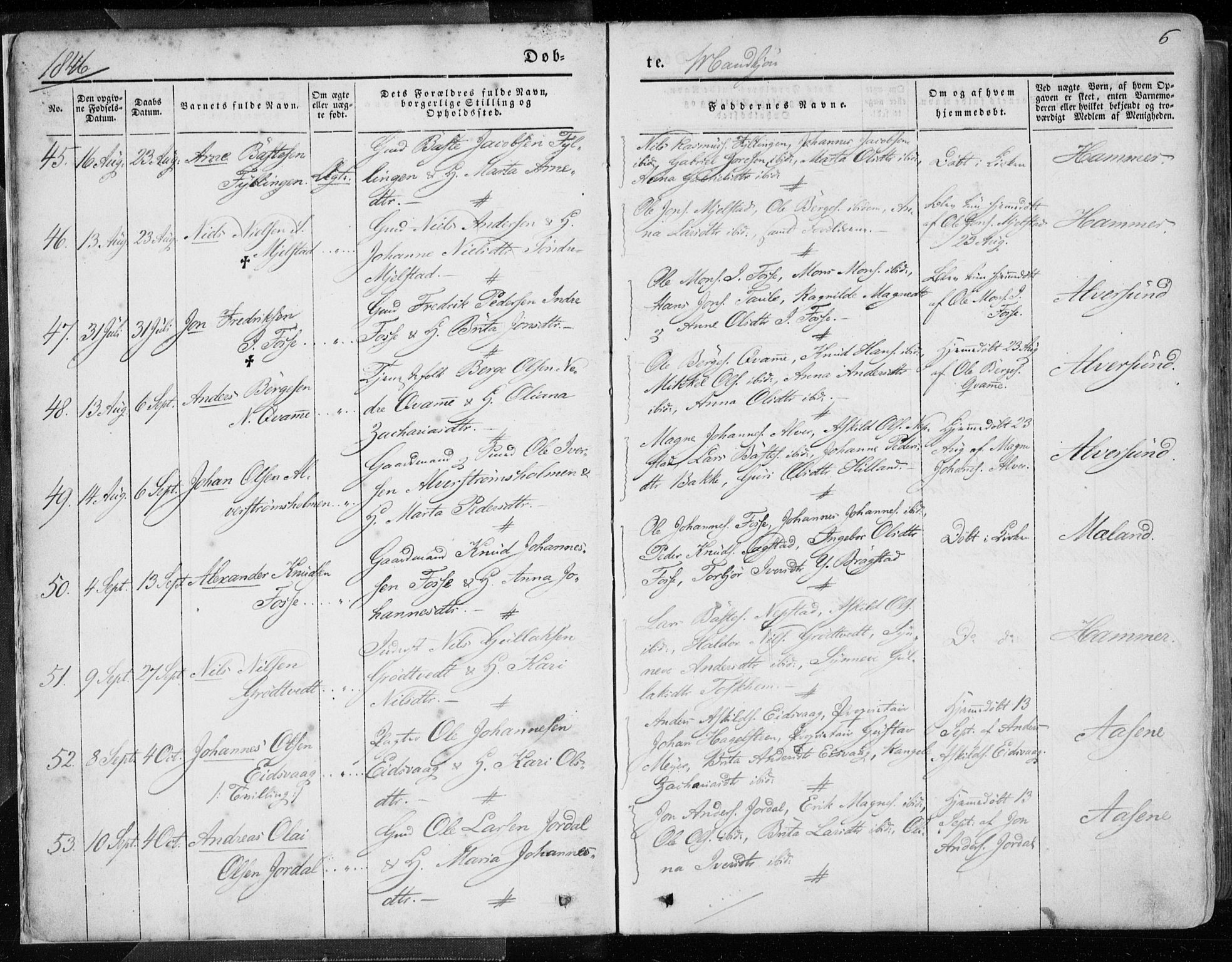 Hamre sokneprestembete, AV/SAB-A-75501/H/Ha/Haa/Haaa/L0013: Parish register (official) no. A 13, 1846-1857, p. 6