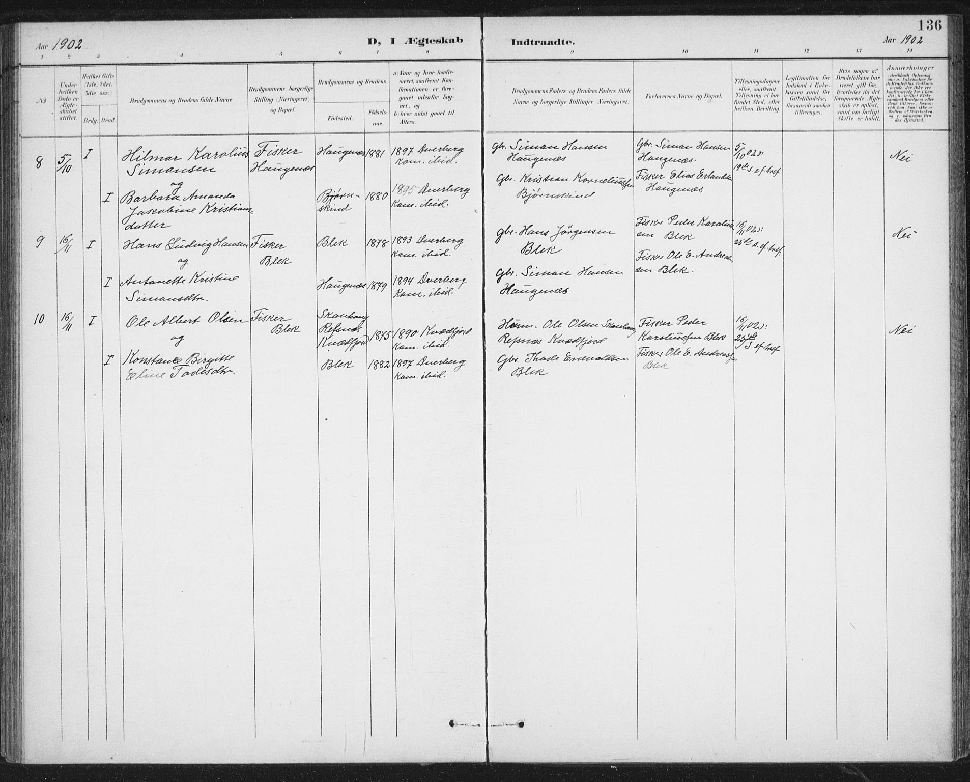 Ministerialprotokoller, klokkerbøker og fødselsregistre - Nordland, AV/SAT-A-1459/899/L1437: Parish register (official) no. 899A05, 1897-1908, p. 136