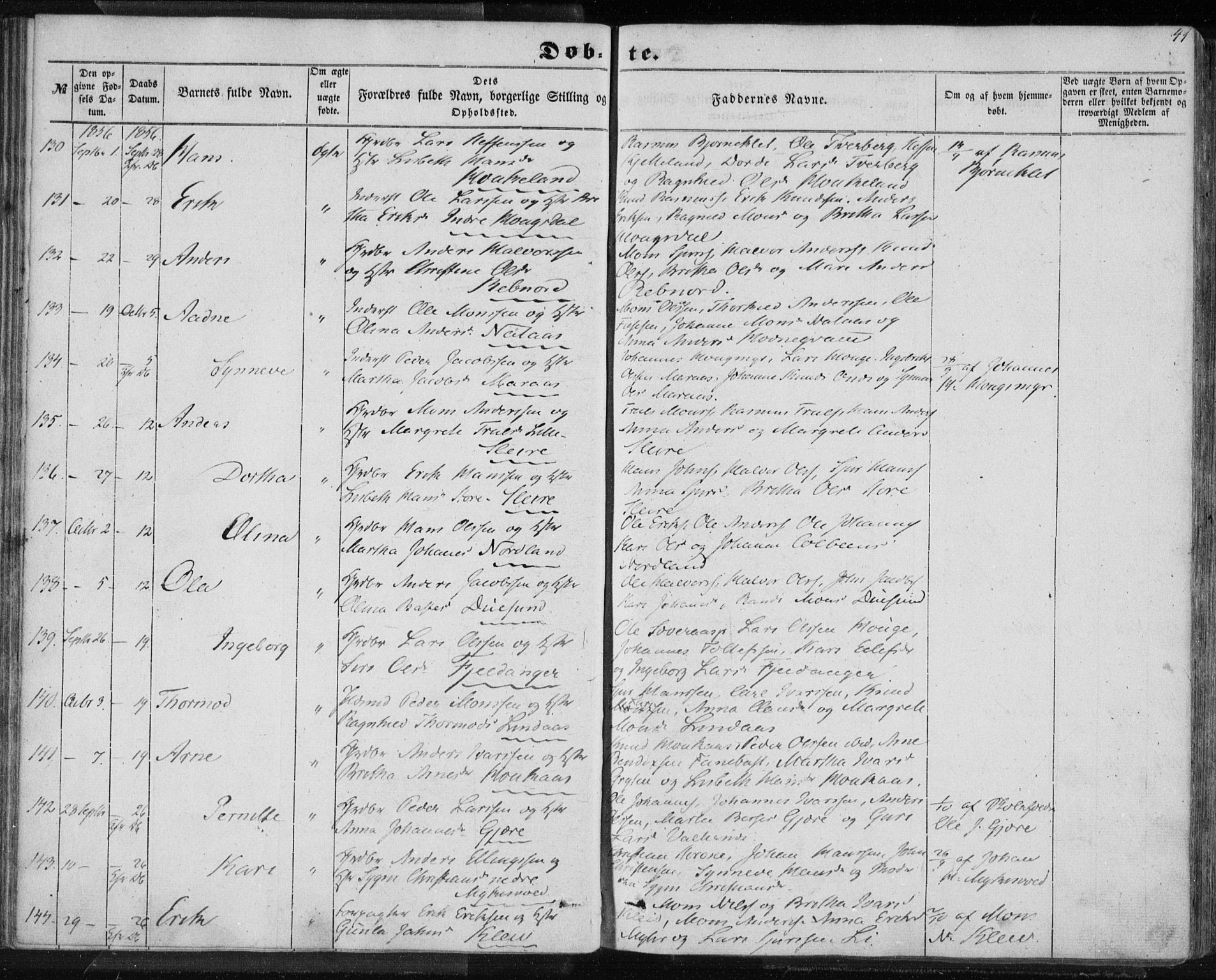 Lindås Sokneprestembete, AV/SAB-A-76701/H/Haa/Haaa/L0011: Parish register (official) no. A 11, 1854-1869, p. 41