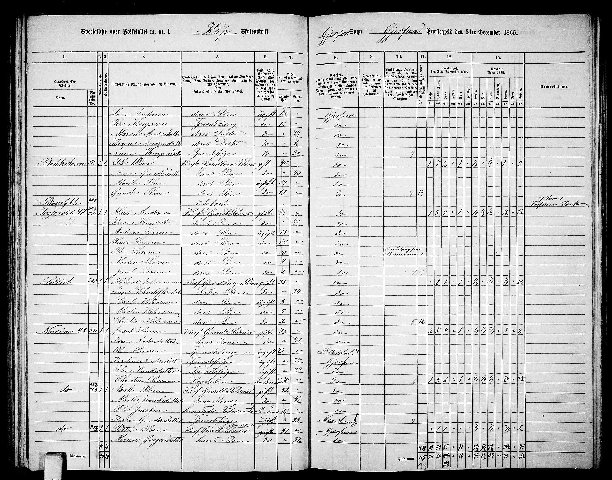 RA, 1865 census for Gjerpen, 1865, p. 167