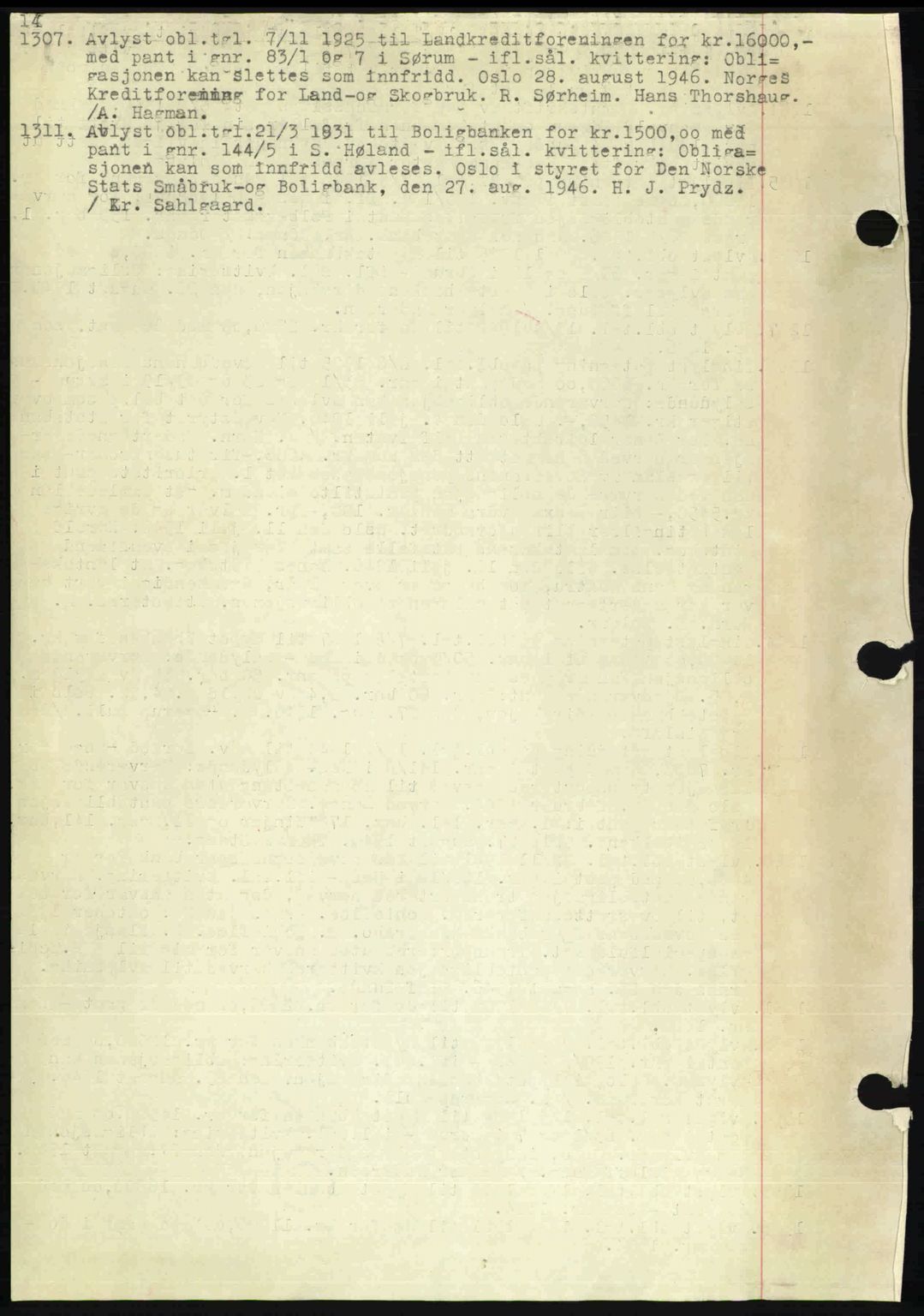 Nes tingrett, AV/SAO-A-10548/G/Gb/Gbb/L0020: Mortgage book no. 64, 1946-1946, Diary no: : 1307/1946