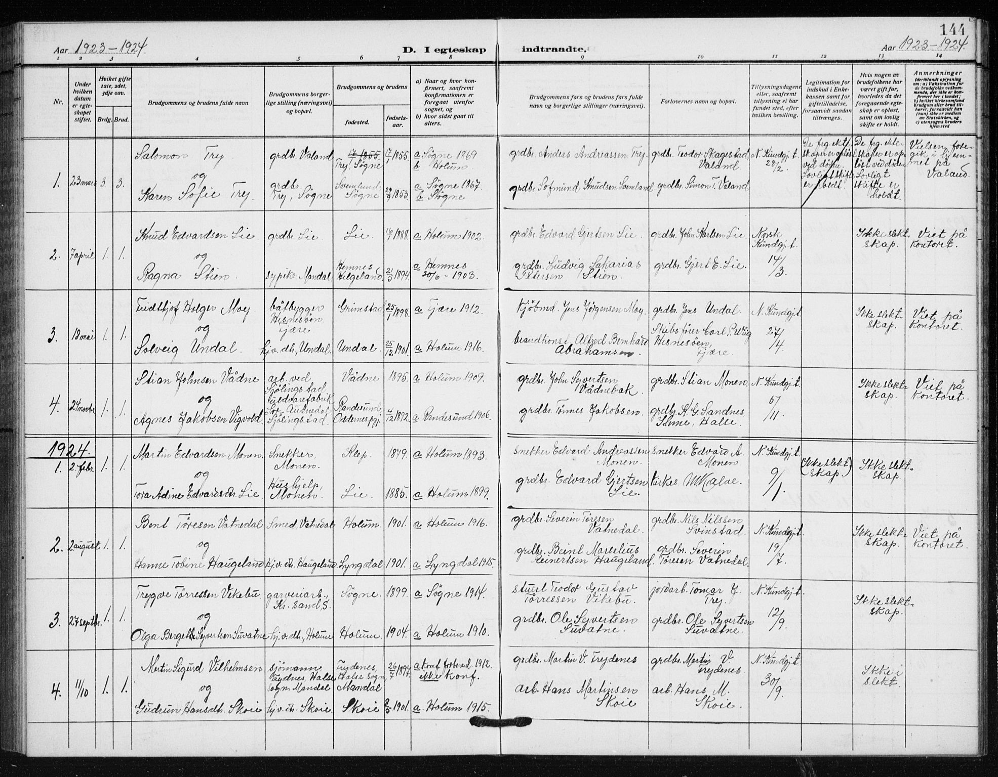 Holum sokneprestkontor, SAK/1111-0022/F/Fb/Fba/L0006: Parish register (copy) no. B 6, 1910-1936, p. 144