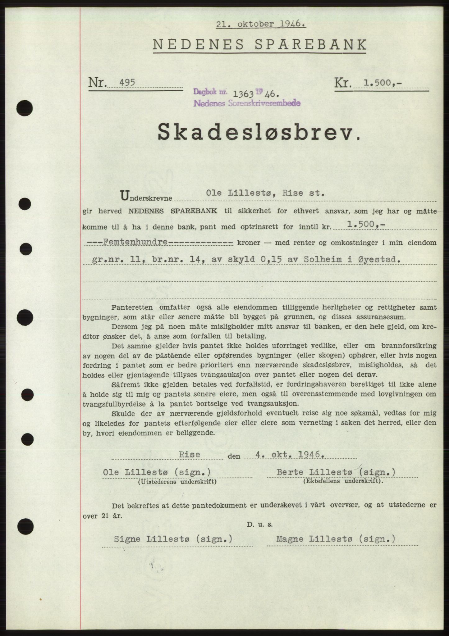 Nedenes sorenskriveri, SAK/1221-0006/G/Gb/Gbb/L0003: Mortgage book no. B3b, 1946-1946, Diary no: : 1363/1946