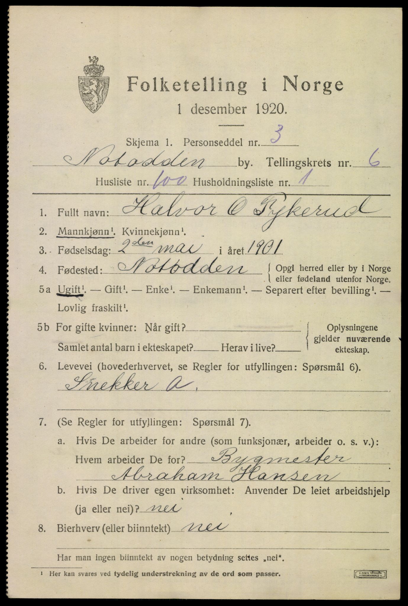 SAKO, 1920 census for Notodden, 1920, p. 15200