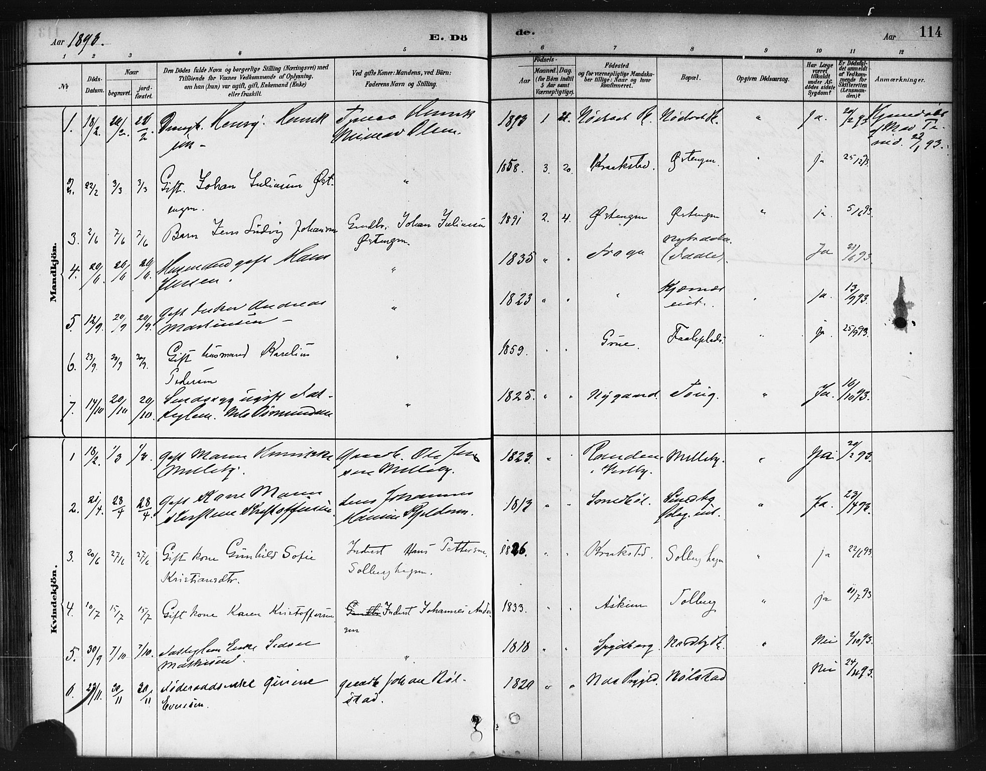 Ås prestekontor Kirkebøker, AV/SAO-A-10894/F/Fb/L0001: Parish register (official) no. II 1, 1881-1895, p. 114