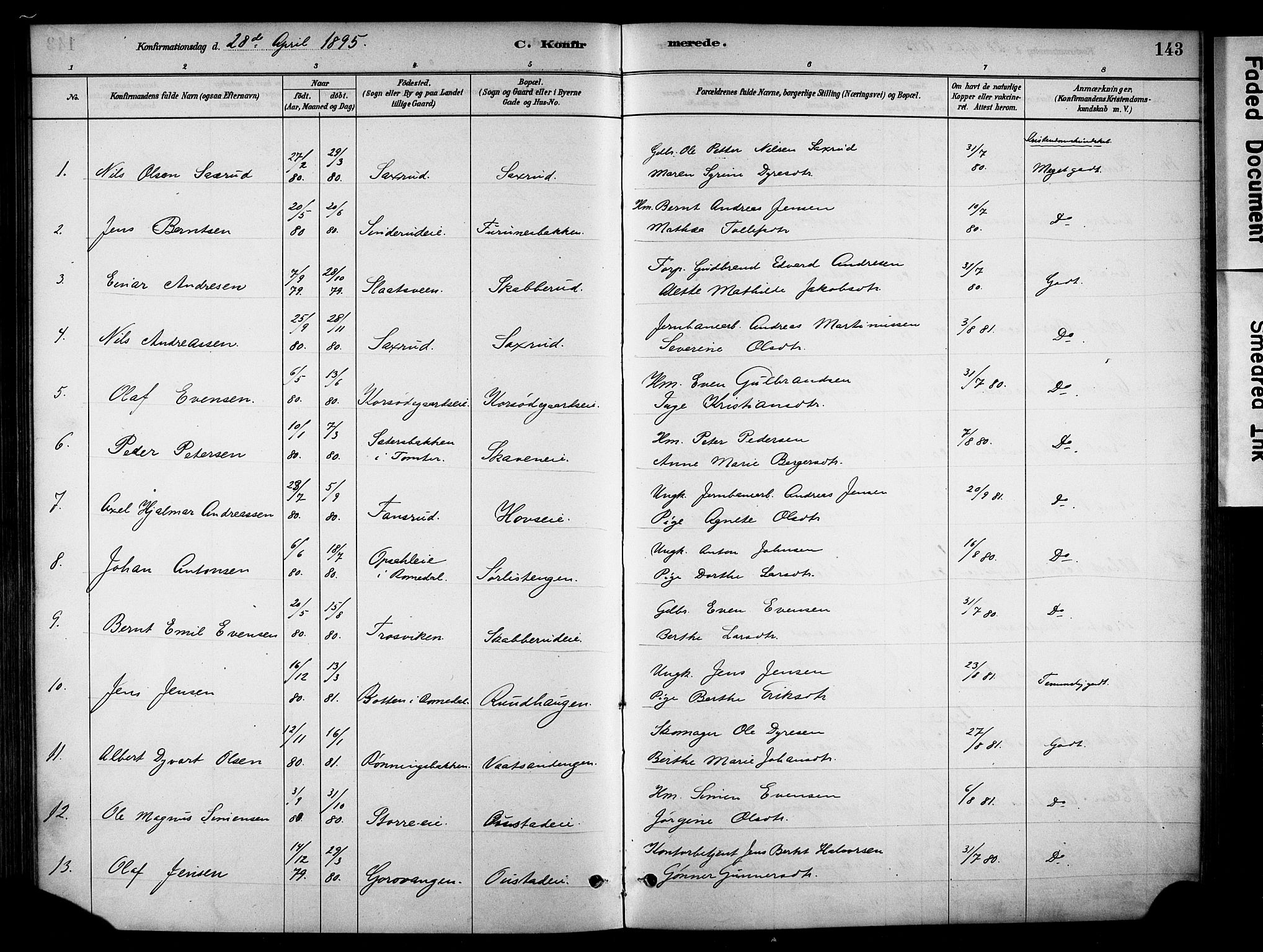 Stange prestekontor, SAH/PREST-002/K/L0018: Parish register (official) no. 18, 1880-1896, p. 143