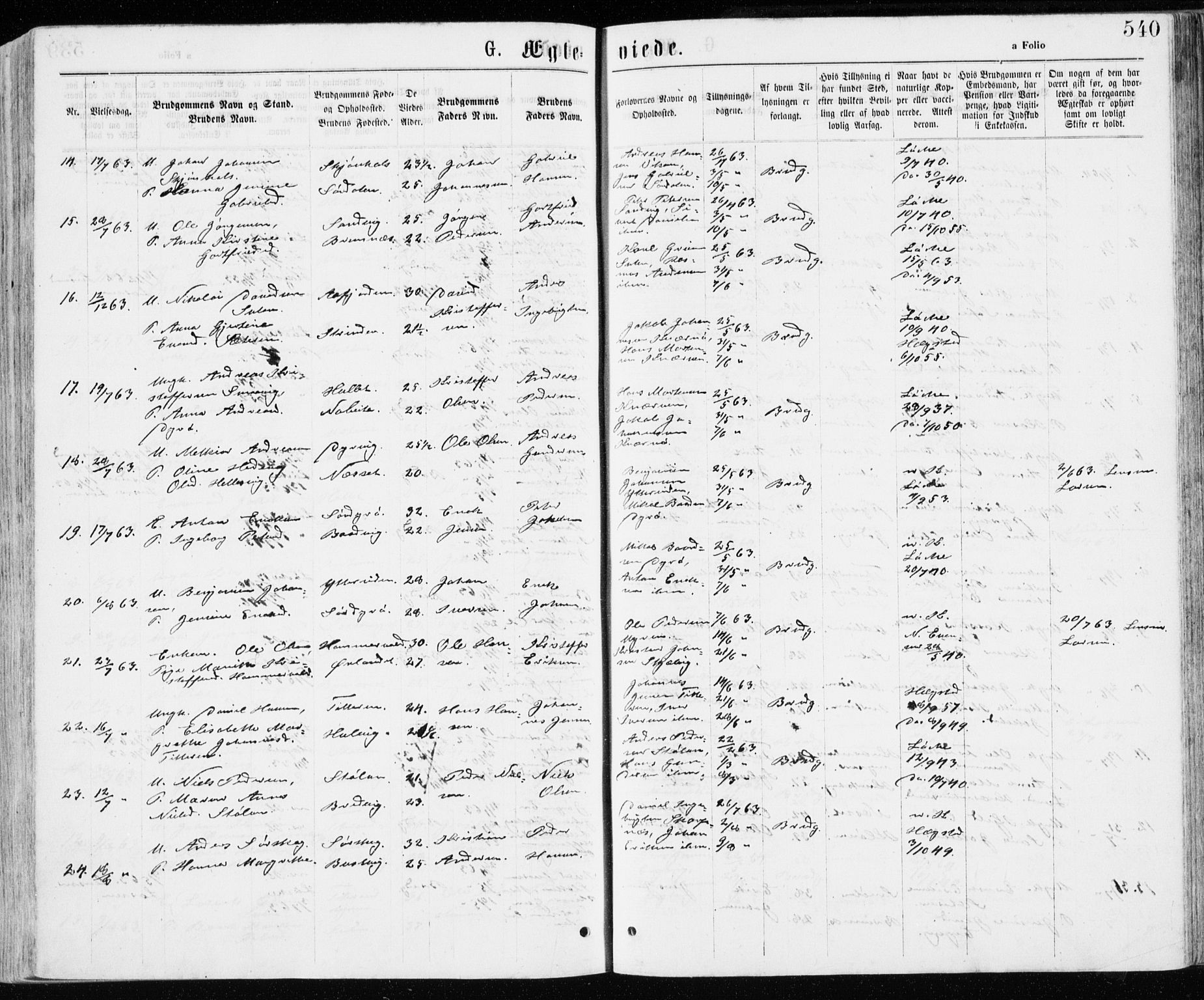 Ministerialprotokoller, klokkerbøker og fødselsregistre - Sør-Trøndelag, AV/SAT-A-1456/640/L0576: Parish register (official) no. 640A01, 1846-1876, p. 540