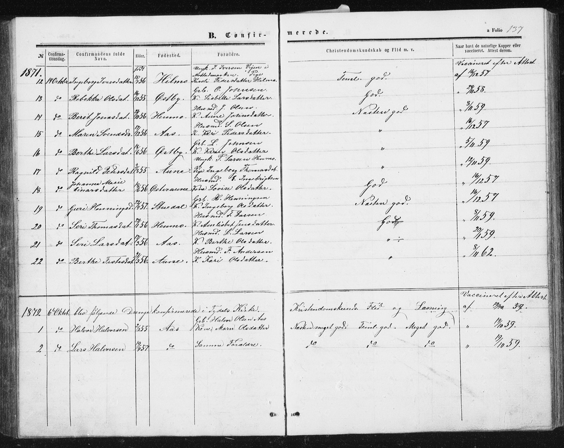 Ministerialprotokoller, klokkerbøker og fødselsregistre - Sør-Trøndelag, SAT/A-1456/698/L1166: Parish register (copy) no. 698C03, 1861-1887, p. 137