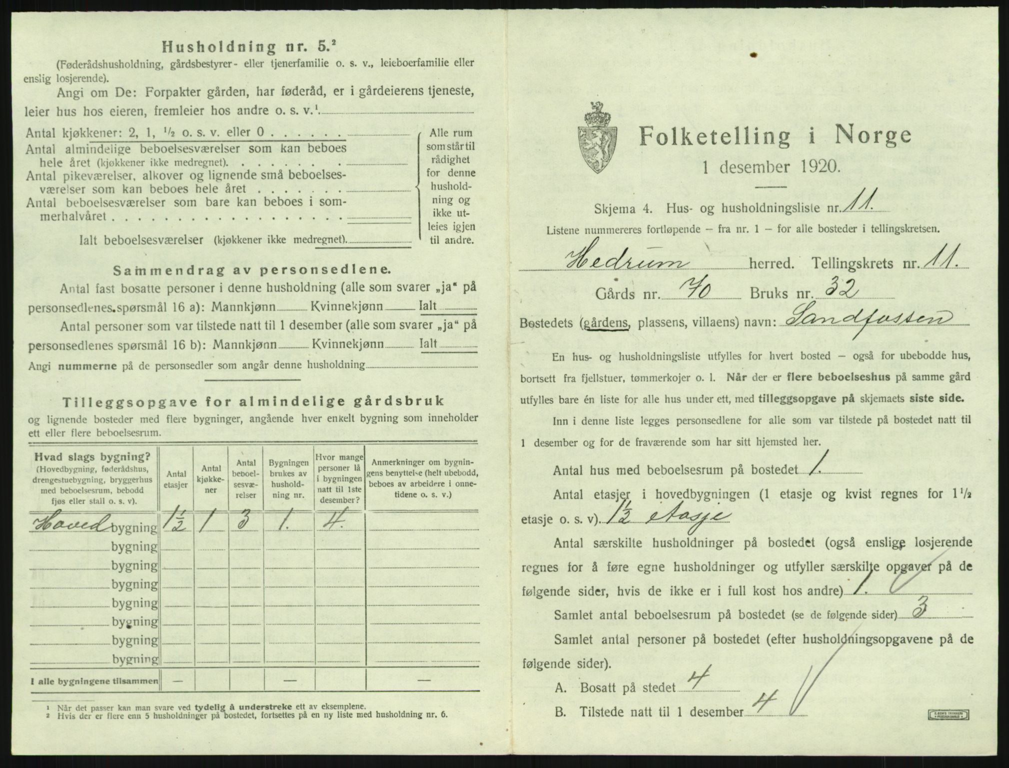 SAKO, 1920 census for Hedrum, 1920, p. 1011