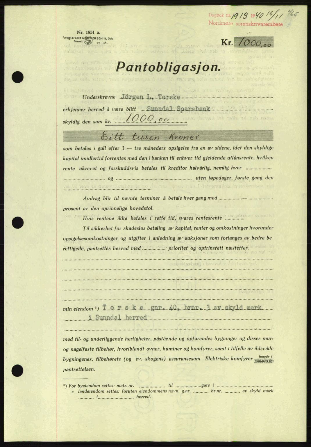 Nordmøre sorenskriveri, AV/SAT-A-4132/1/2/2Ca: Mortgage book no. B87, 1940-1941, Diary no: : 1913/1940