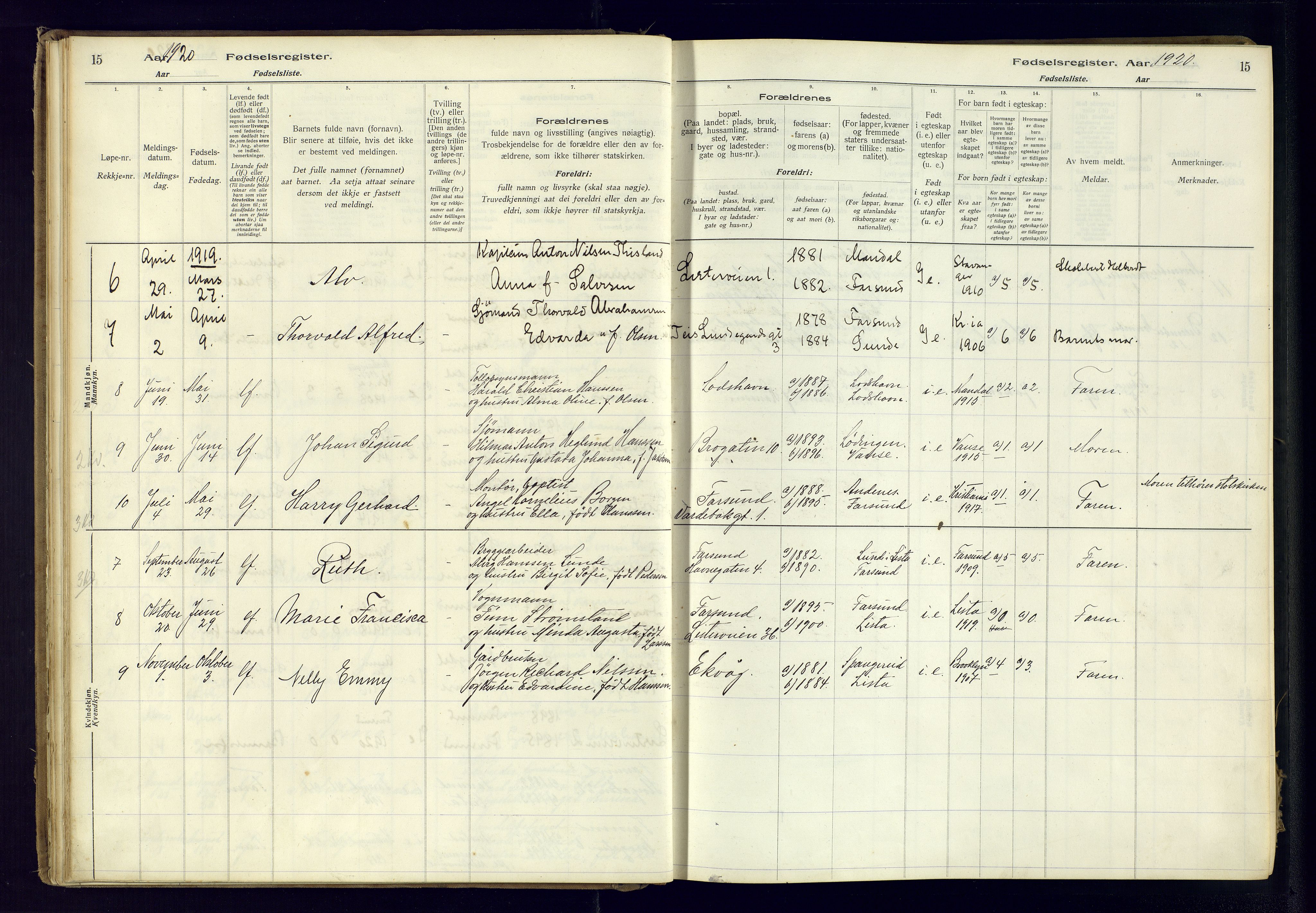 Farsund sokneprestkontor, SAK/1111-0009/J/Ja/L0001: Birth register no. A-VI-8, 1916-1950, p. 15