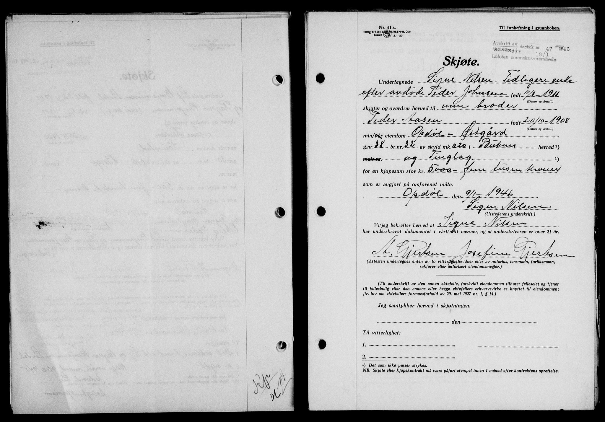 Lofoten sorenskriveri, SAT/A-0017/1/2/2C/L0013a: Mortgage book no. 13a, 1944-1946, Diary no: : 47/1946