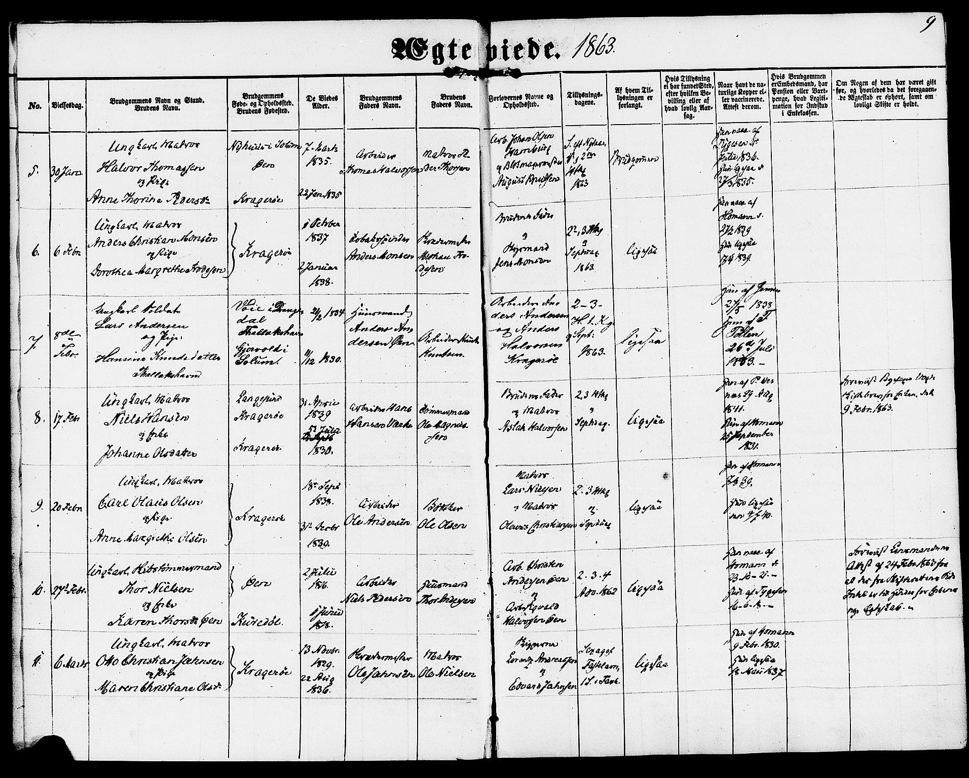 Kragerø kirkebøker, SAKO/A-278/F/Fa/L0009: Parish register (official) no. 9, 1861-1886, p. 9