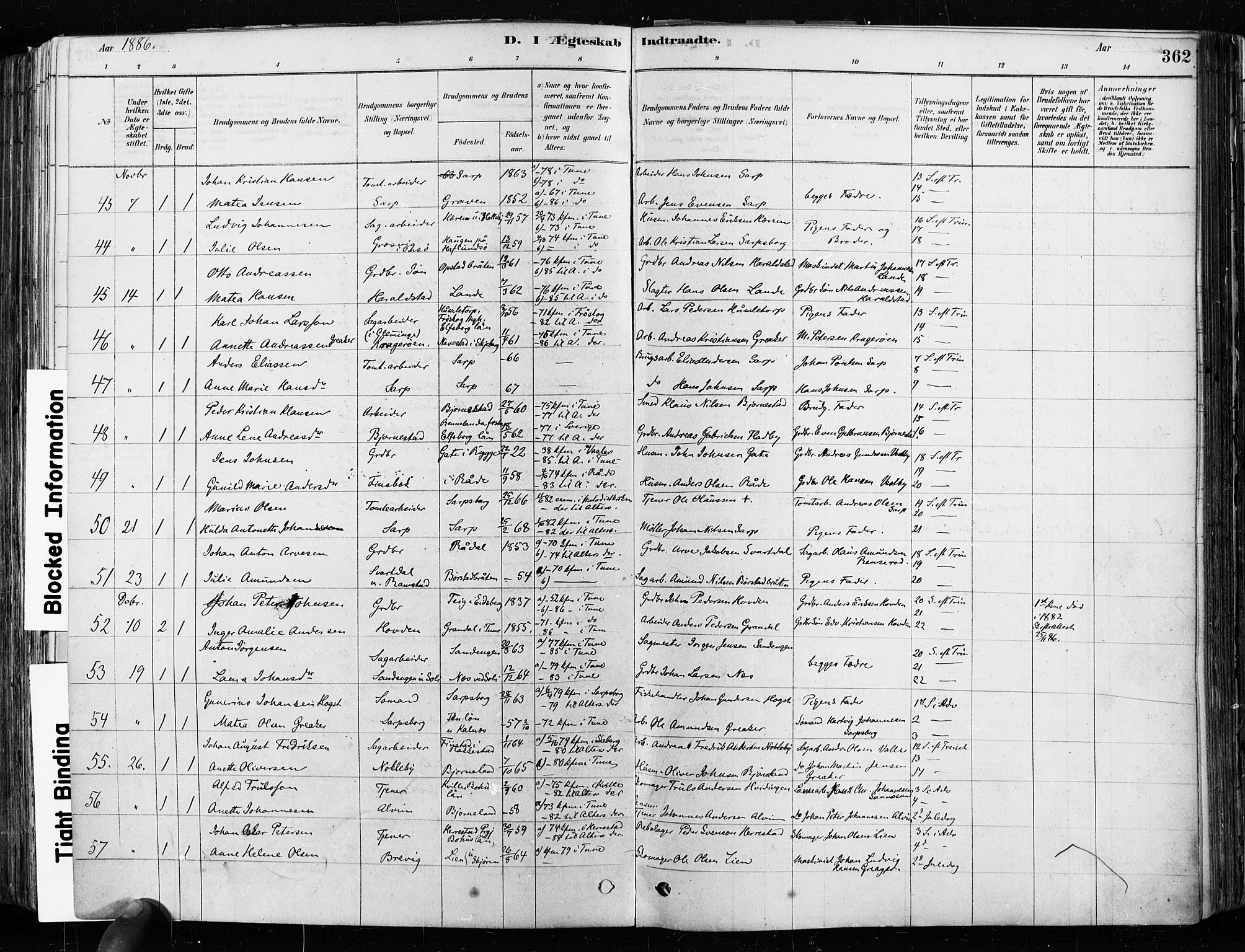 Tune prestekontor Kirkebøker, AV/SAO-A-2007/F/Fa/L0017: Parish register (official) no. 17, 1878-1887, p. 362