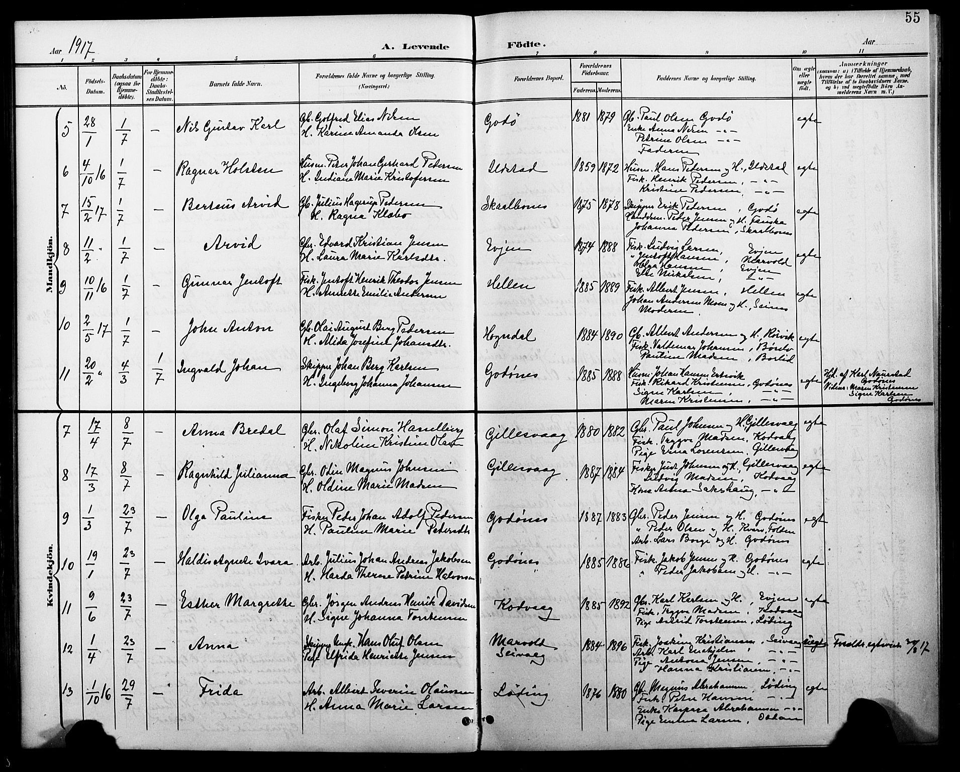 Ministerialprotokoller, klokkerbøker og fødselsregistre - Nordland, AV/SAT-A-1459/804/L0088: Parish register (copy) no. 804C01, 1901-1917, p. 55