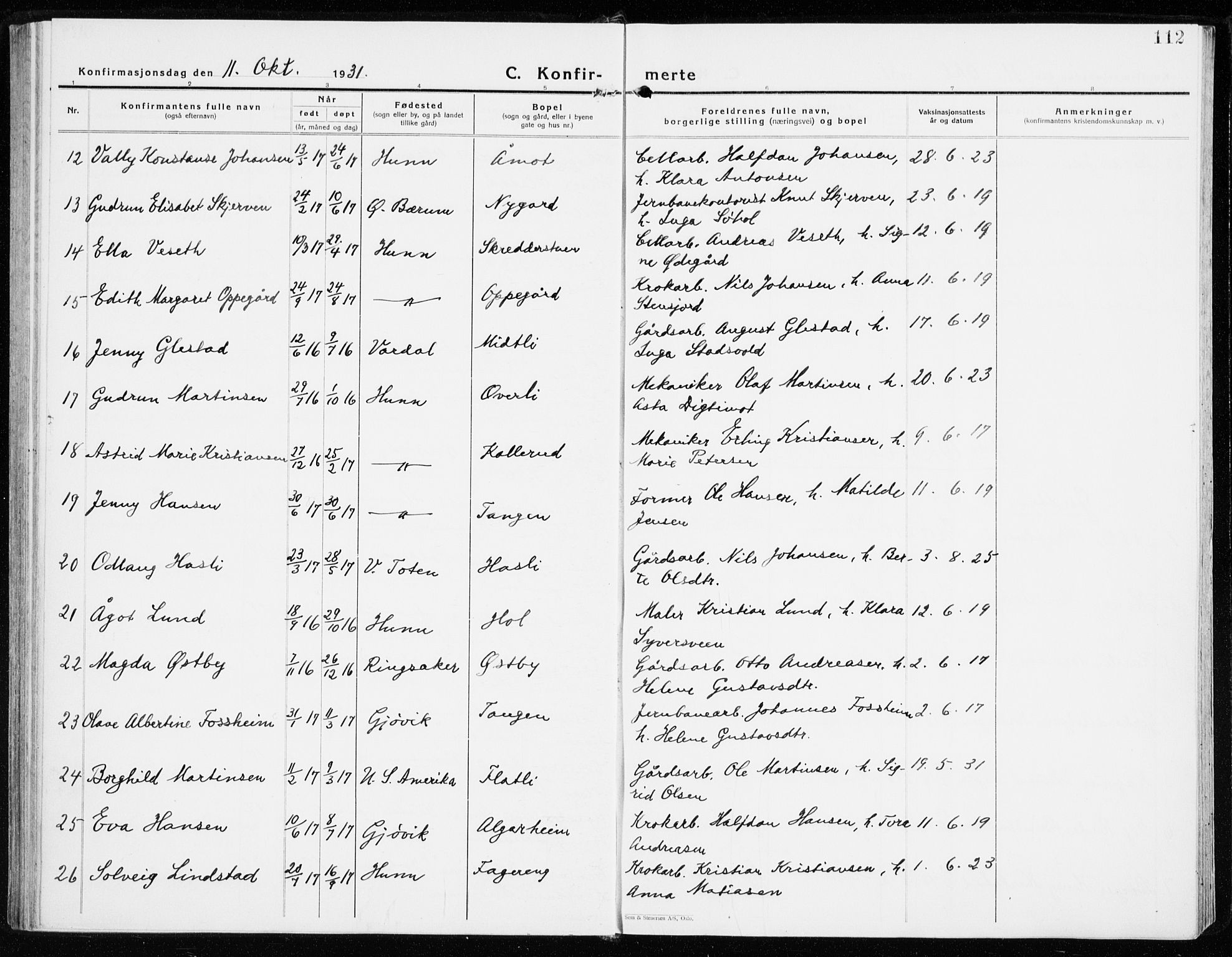 Vardal prestekontor, SAH/PREST-100/H/Ha/Haa/L0018: Parish register (official) no. 18, 1930-1945, p. 112