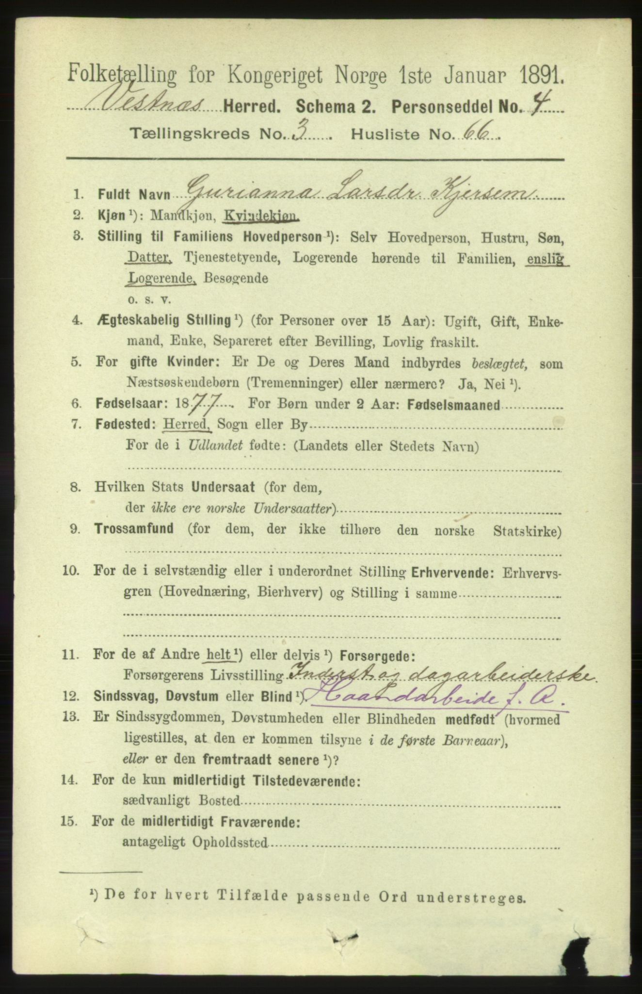 RA, 1891 census for 1535 Vestnes, 1891, p. 1213