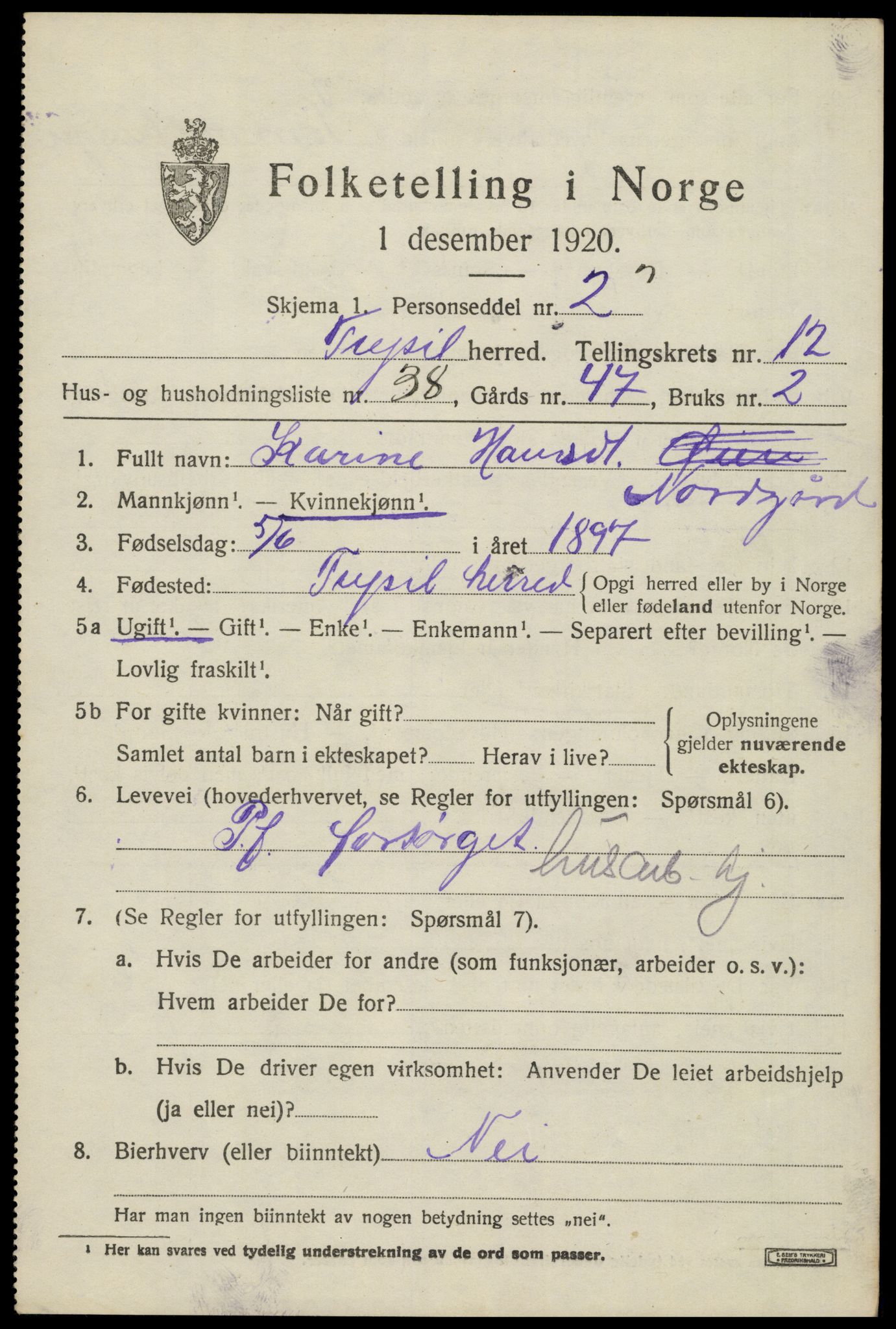 SAH, 1920 census for Trysil, 1920, p. 7615
